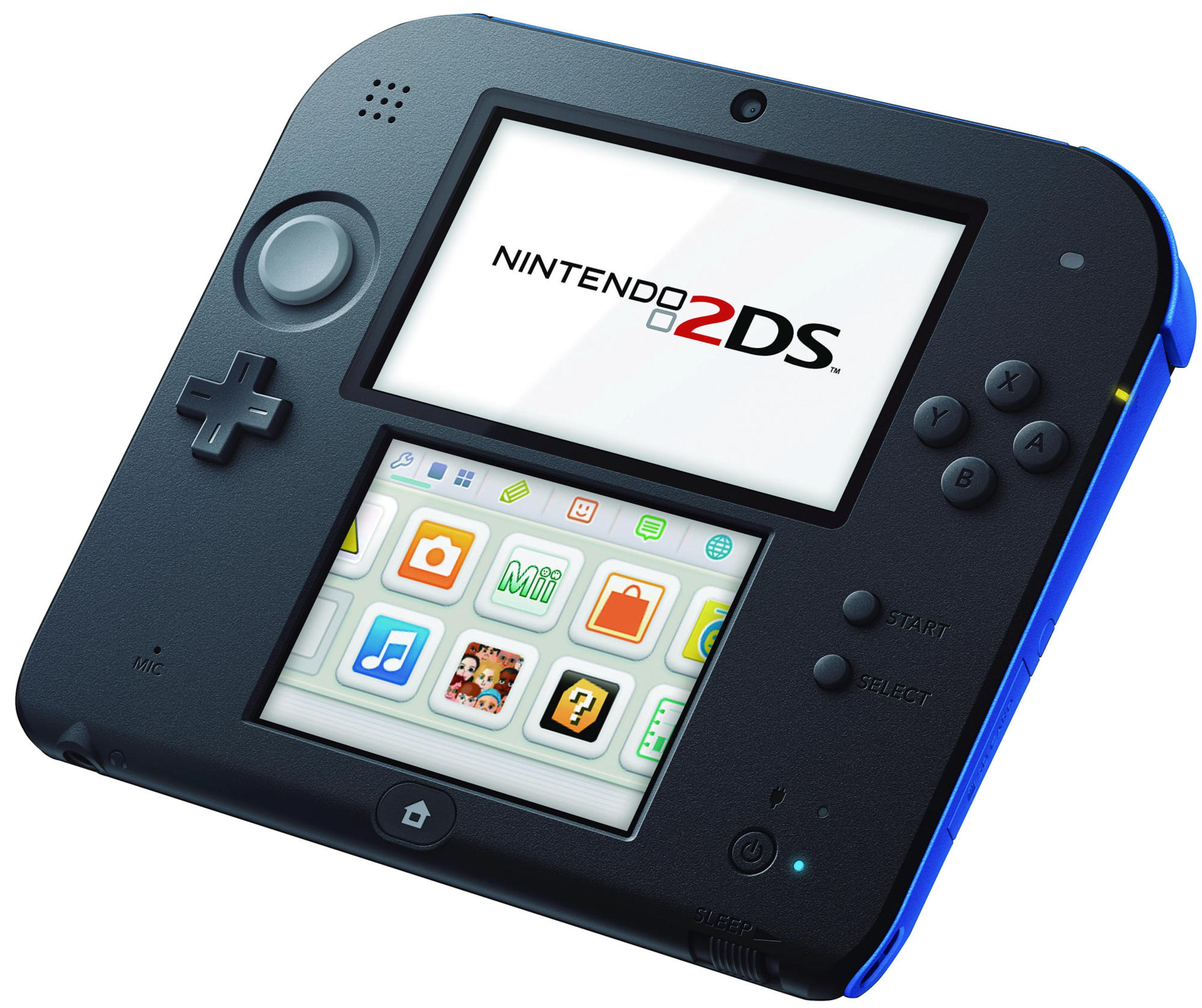Schwarz-blaue Nintendo 2DS Handheld-Spielkonsole, zeigt das 2DS-Logo und App-Symbole auf dem Bildschirm.