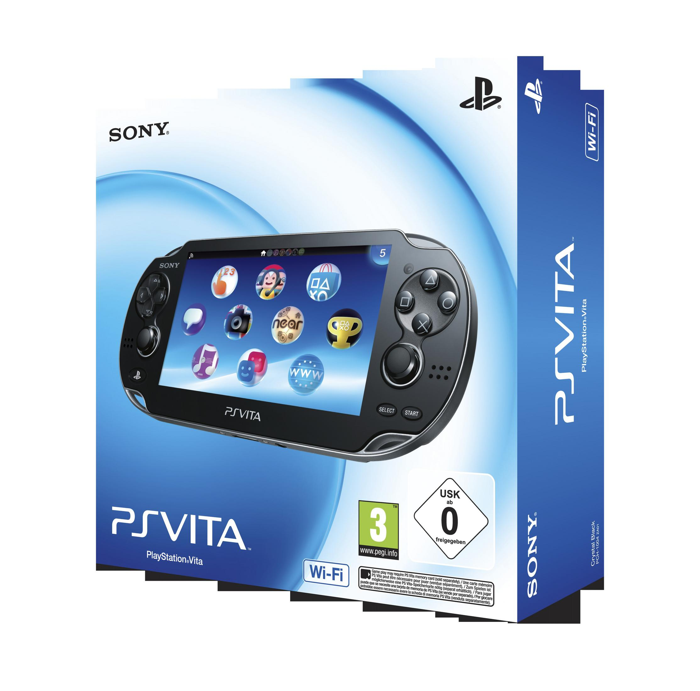 Verpackte PS Vita-Konsole, schwarzes Handheld, mit dem PlayStation Vita-Logo und Wi-Fi-Symbol.