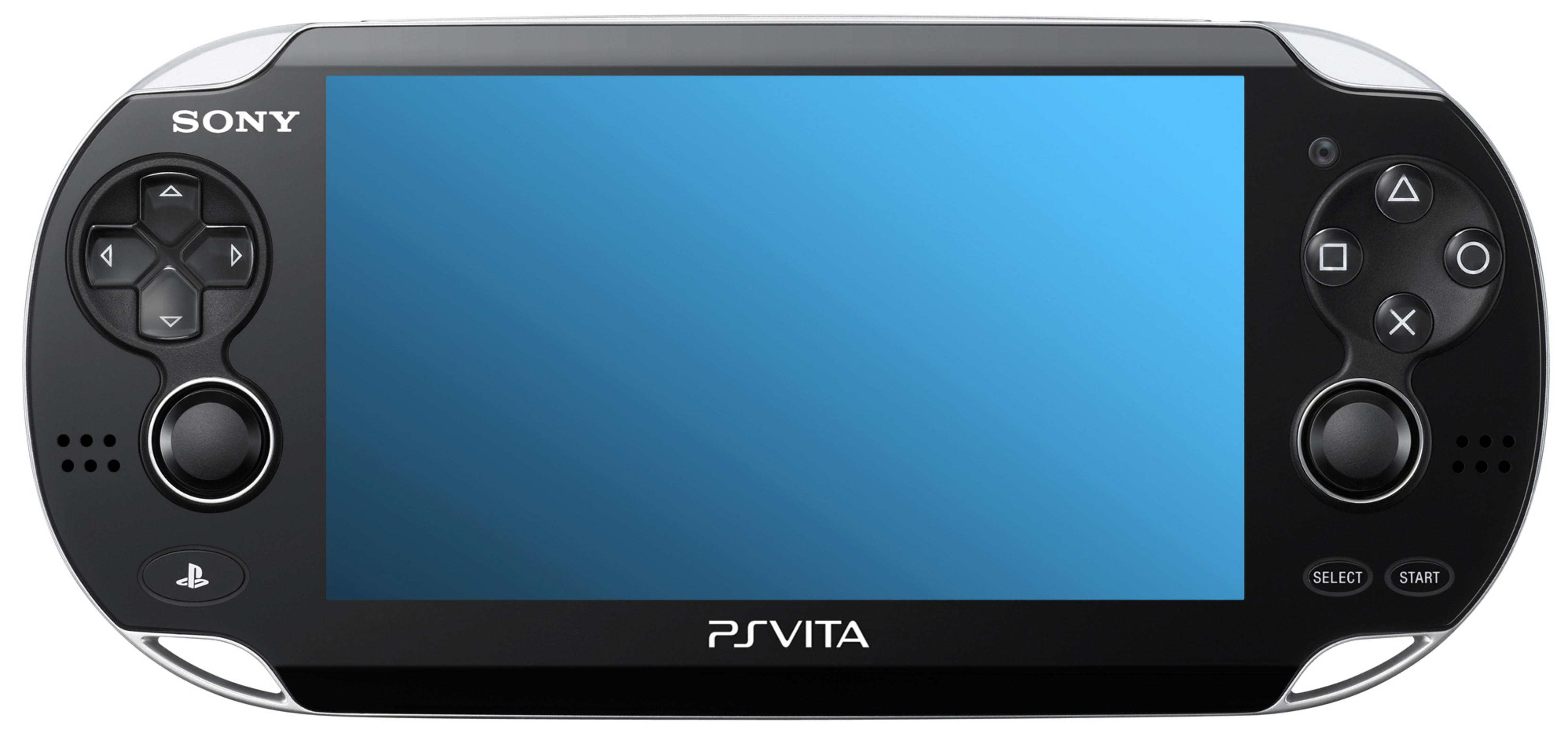 Schwarze PlayStation Vita Handheld-Konsole mit blauem Bildschirm. Hat Bedienelemente und Vita-Logo.