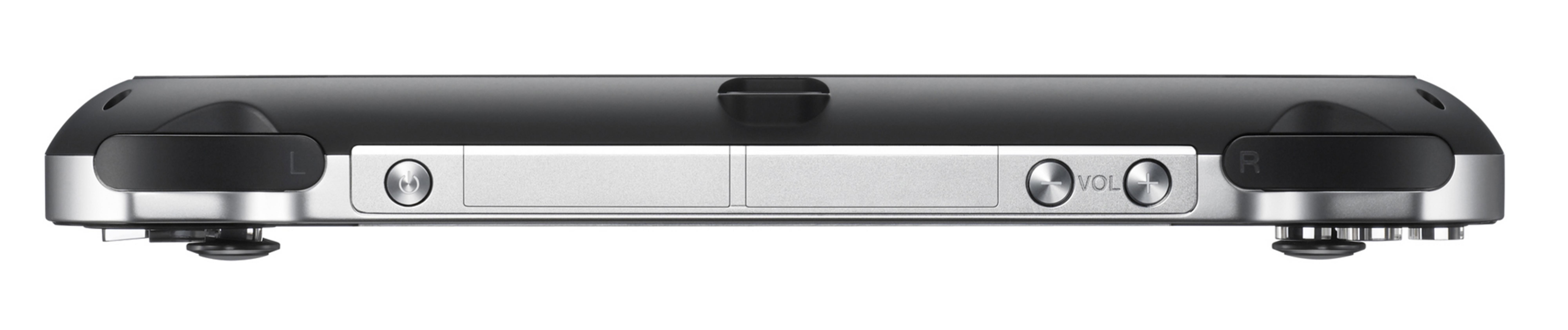 Schwarze und silberne PlayStation Vita-Konsole Seitenansicht. Tasten und Anschlüsse sichtbar.