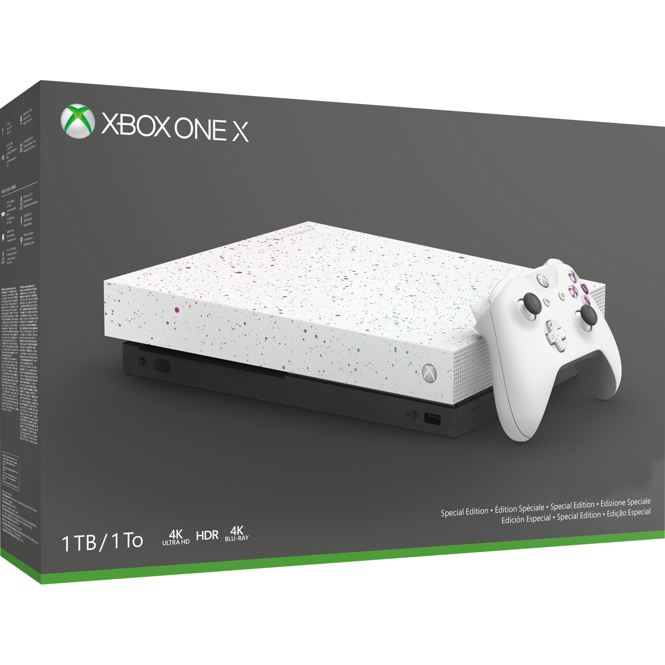 Xbox One X Konsolenbox und Controller. Weiße Konsole mit lila Akzenten, graue Box.