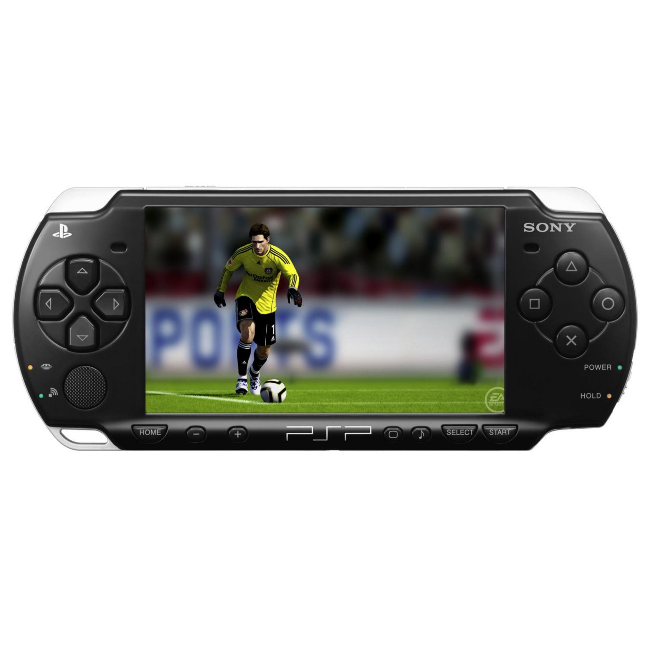 PSP-Konsole, die ein Fußballspiel spielt. Schwarz-weißes Design, Fußballspieler auf dem Feld.