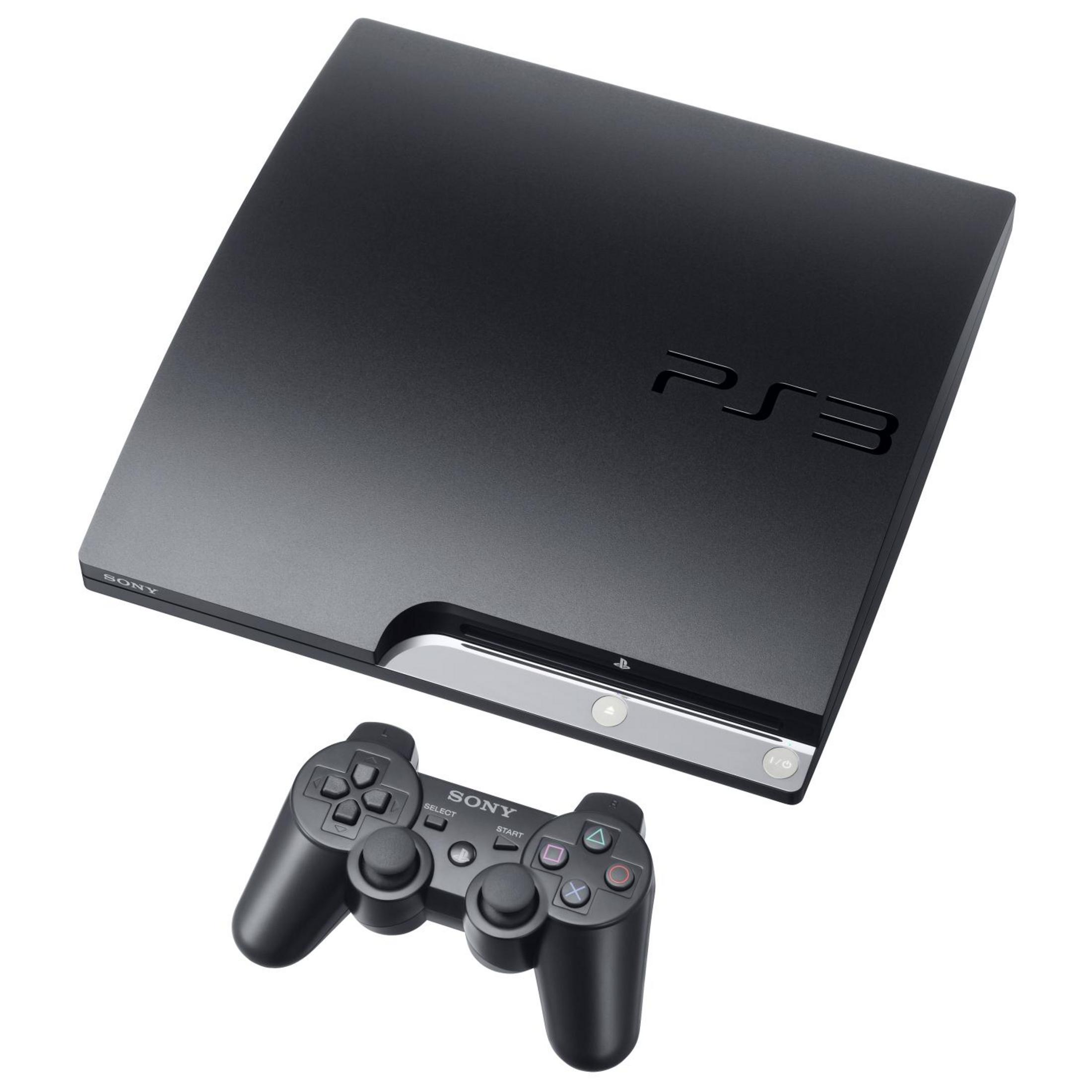 Schwarze Sony Playstation 3 Konsole mit Controller, vor weißem Hintergrund.