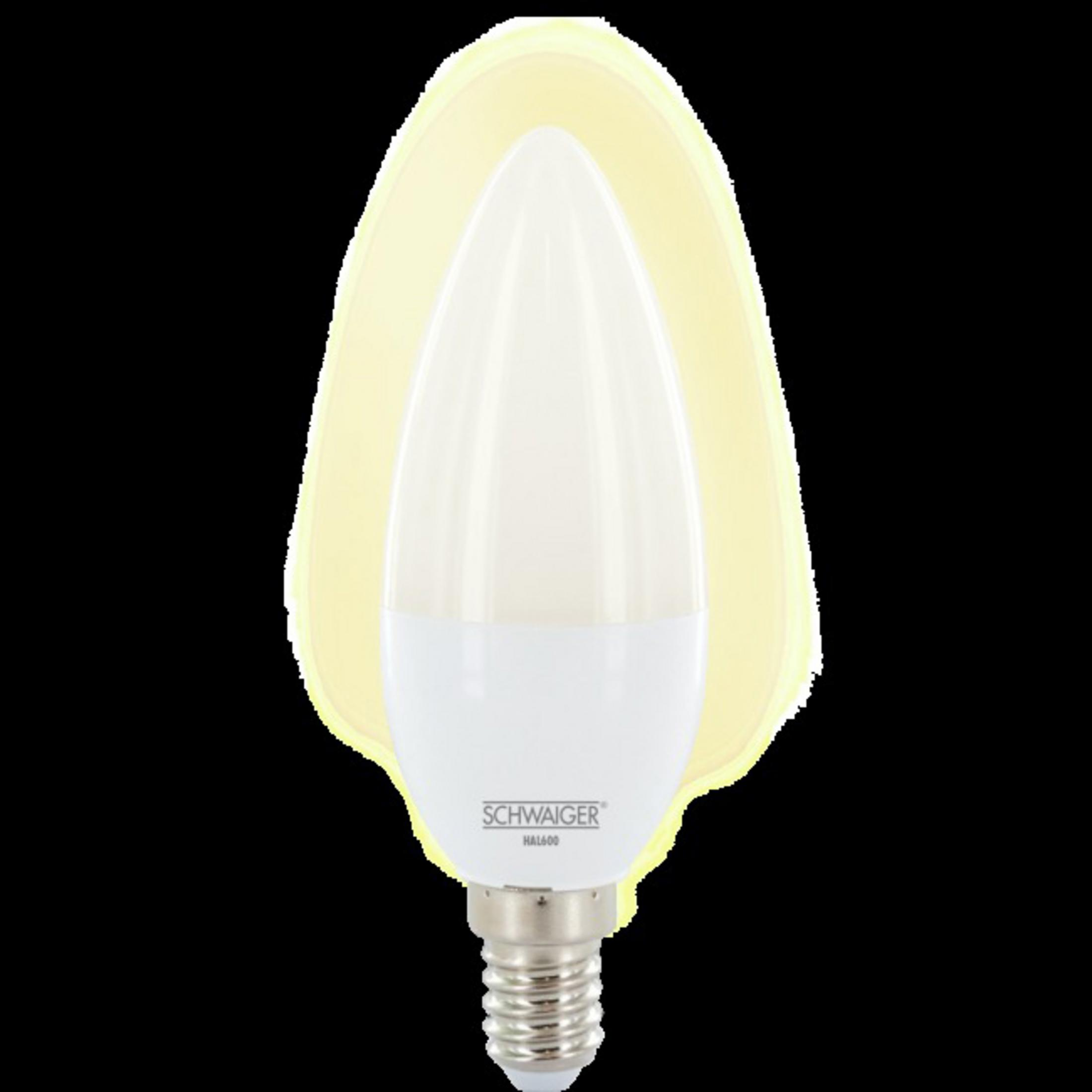 Weiße Glühbirne mit SCHWAIGER-Etikett und gelbem Licht, das von der Glühbirne ausgeht.