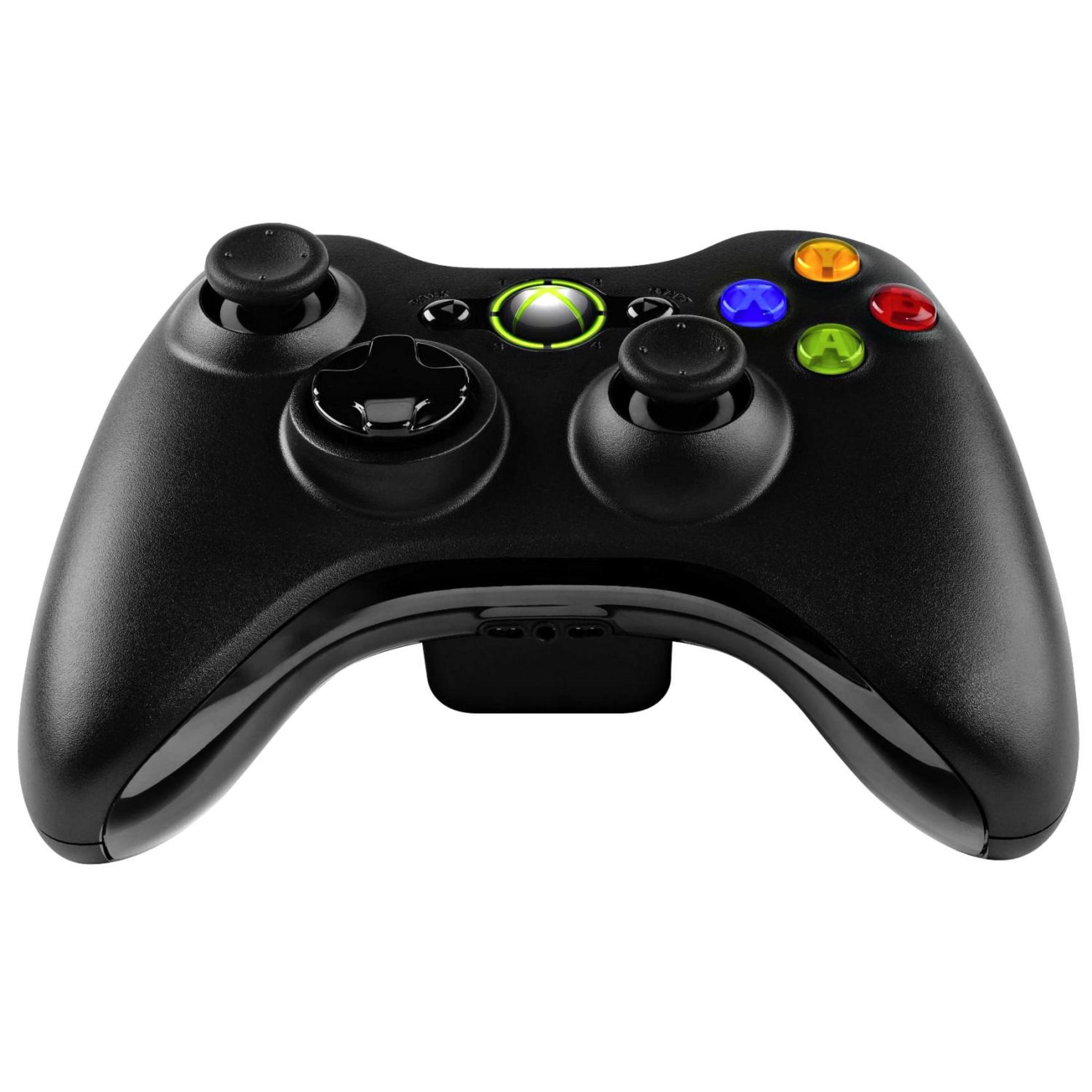 Schwarzer Xbox 360 Controller mit Knöpfen und Joysticks, isoliert auf Weiß.