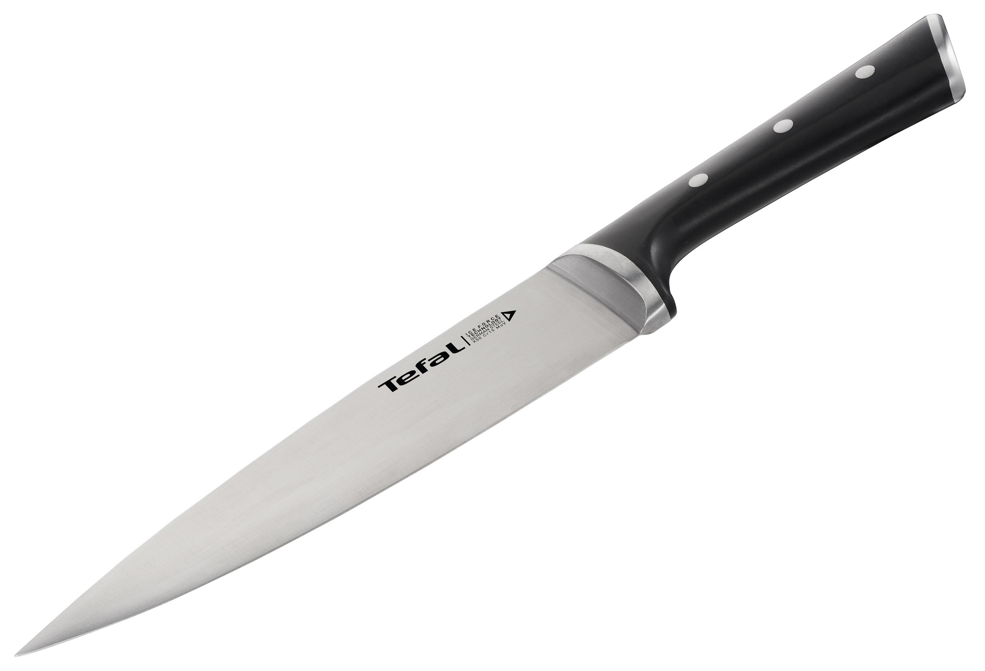 Un cuchillo de chef Tefal sobre fondo blanco. El cuchillo es negro y plateado con el logo Tefal.