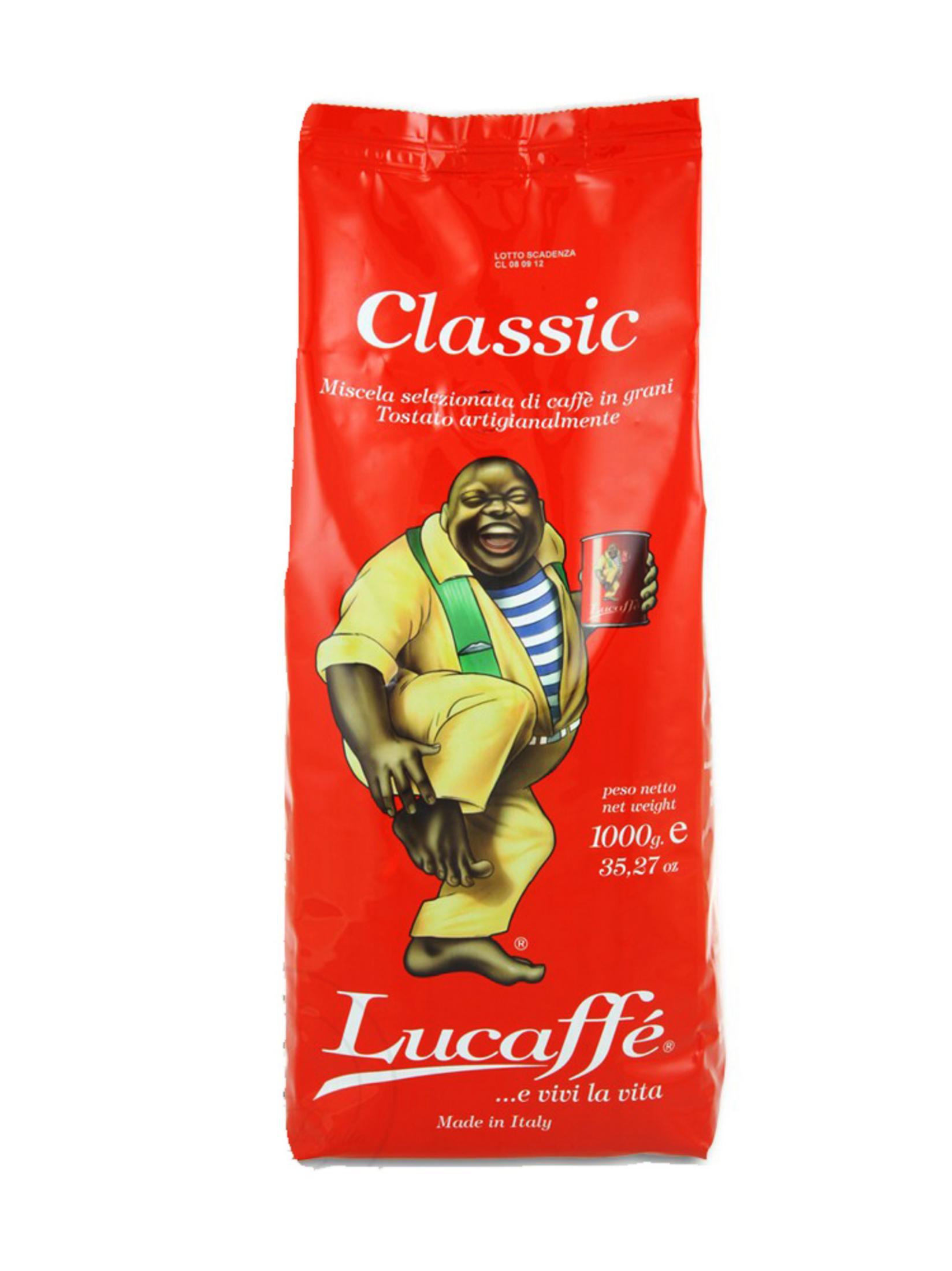 Sacchetto di caffè Lucaffe rosso con un personaggio dei cartoni animati sul davanti, sfondo bianco.