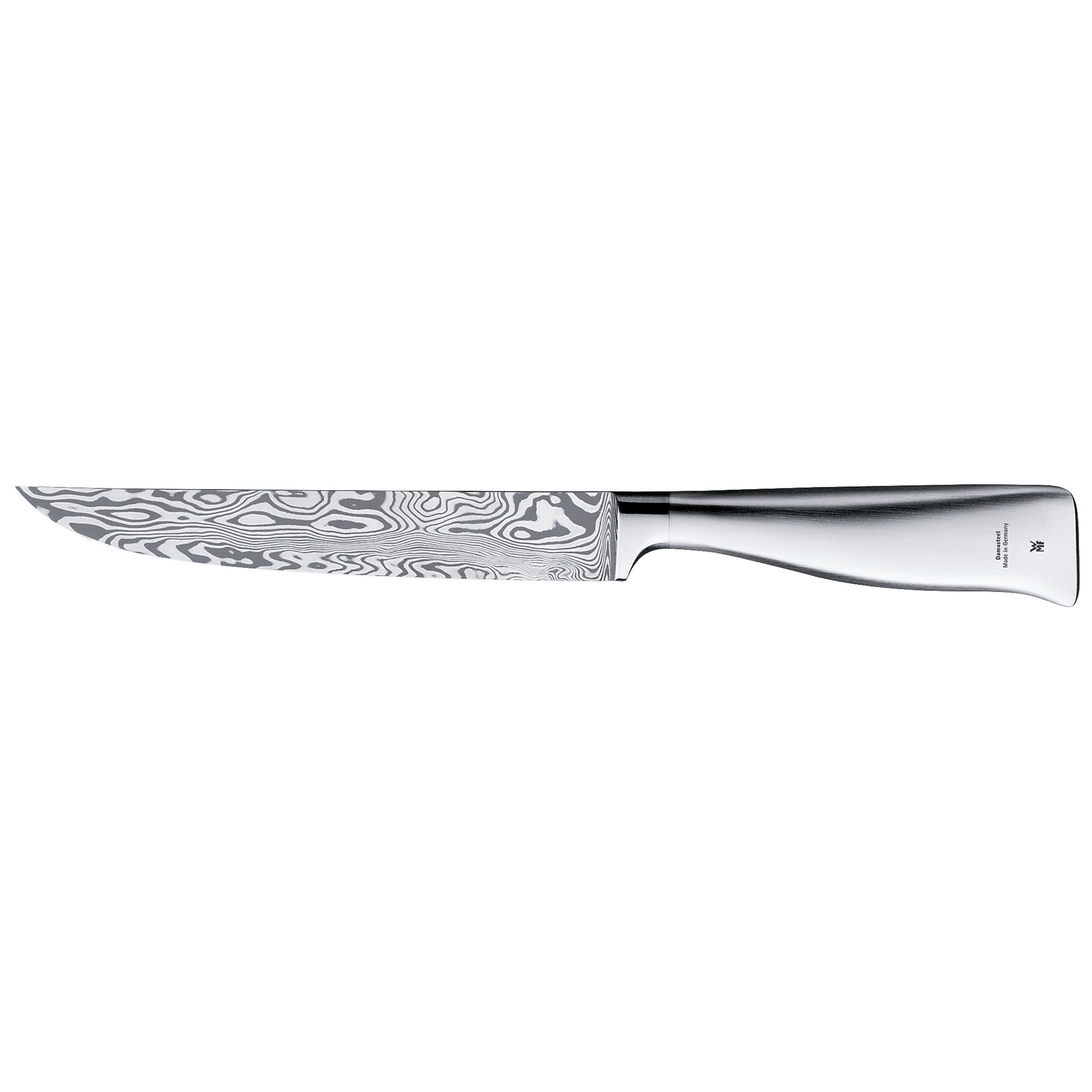 Küchenmesser mit Damastklingenmuster und silberfarbenem Griff, Marke WMF.