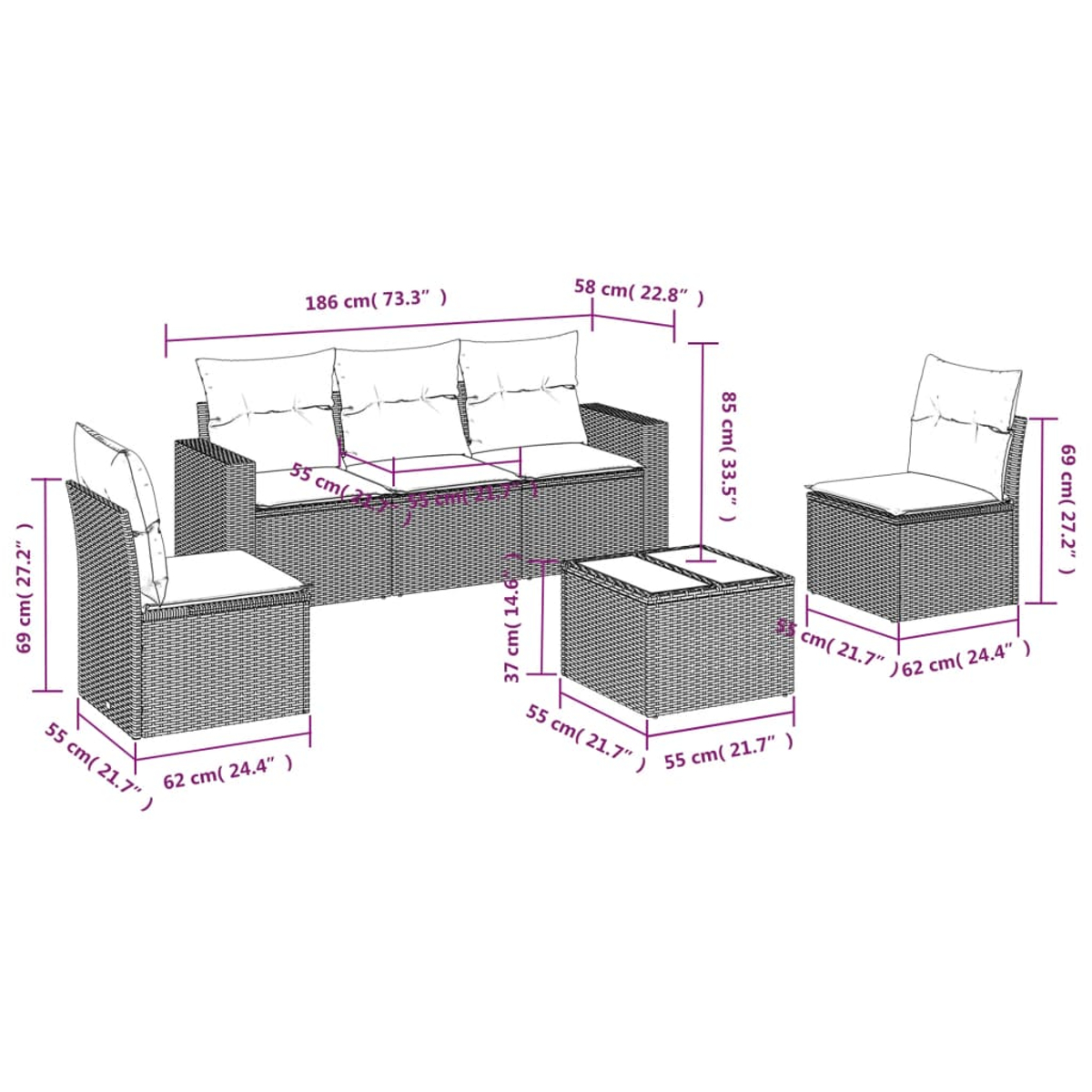 Diagramma di un set di divani in vimini con dimensioni. Il set include un divano, due sedie e un tavolo.