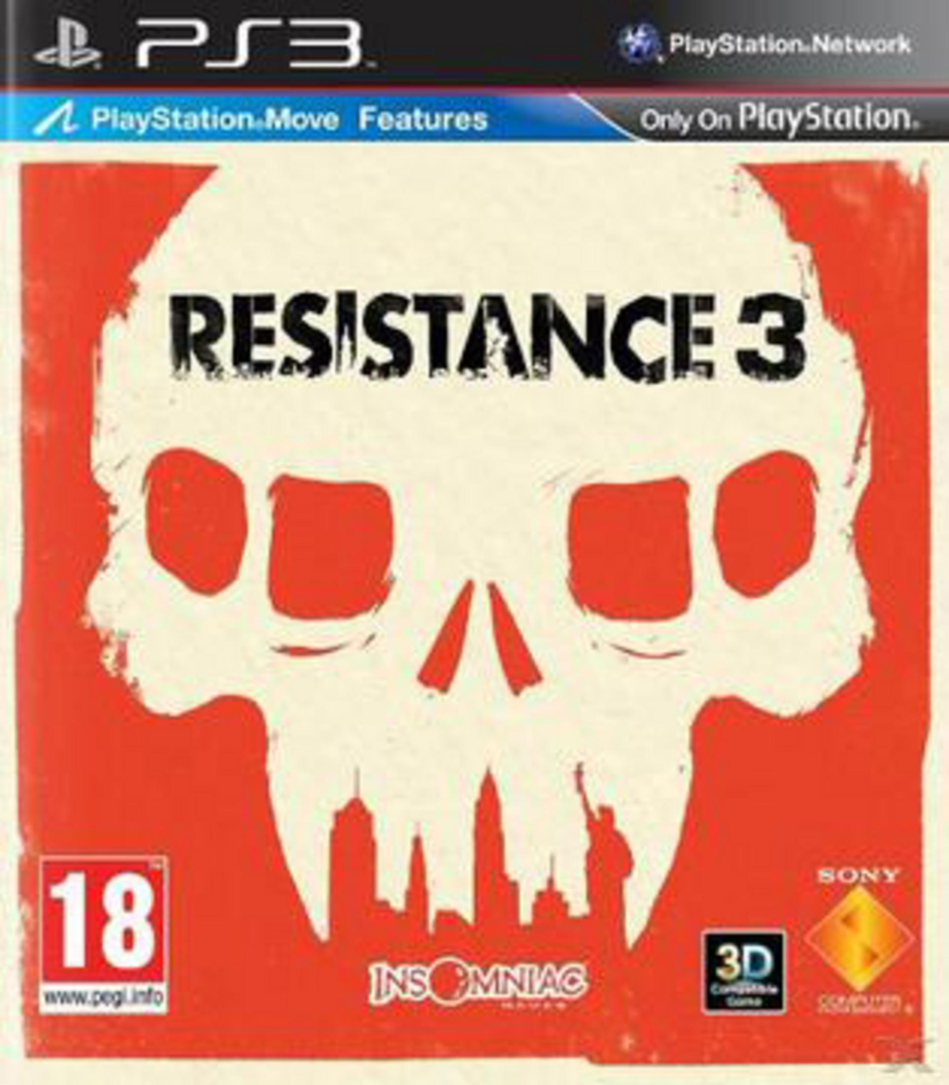 Spielcover für Resistance 3 auf PS3. Schädelillustration auf rotem Hintergrund. Sony- und Insomniac-Logos.