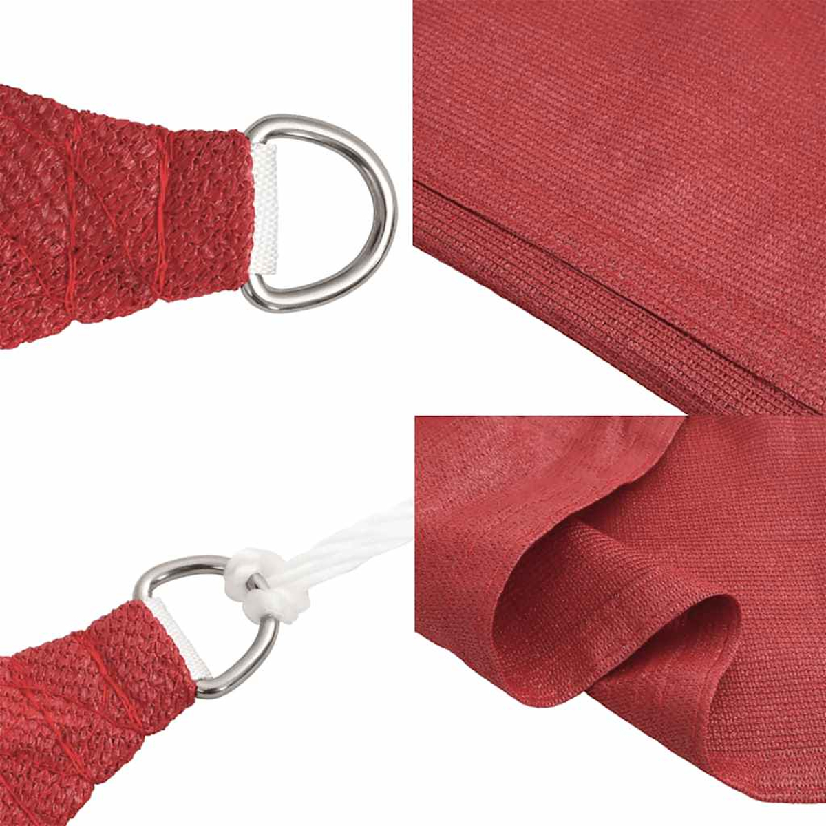 Primo piano di tessuto rosso con anello a D, dettaglio della trama del tessuto.