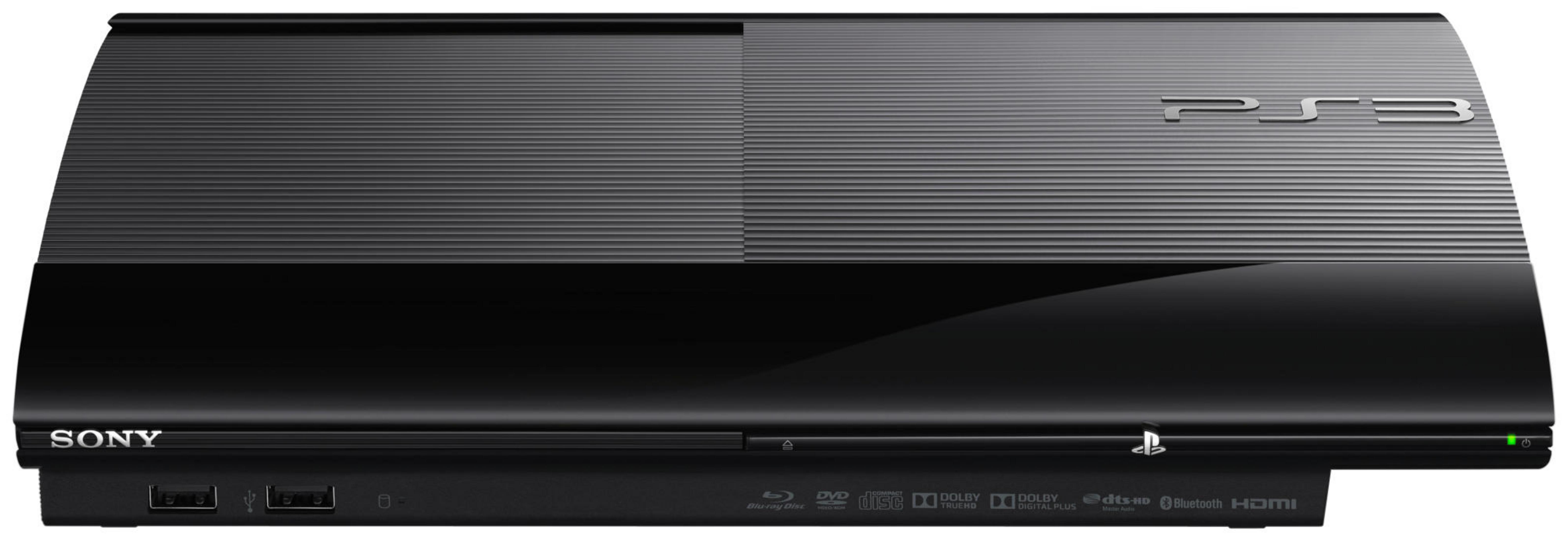 Schwarze PS3-Konsole. Die Konsole befindet sich auf weißem Hintergrund. Sony-Logo oben links.