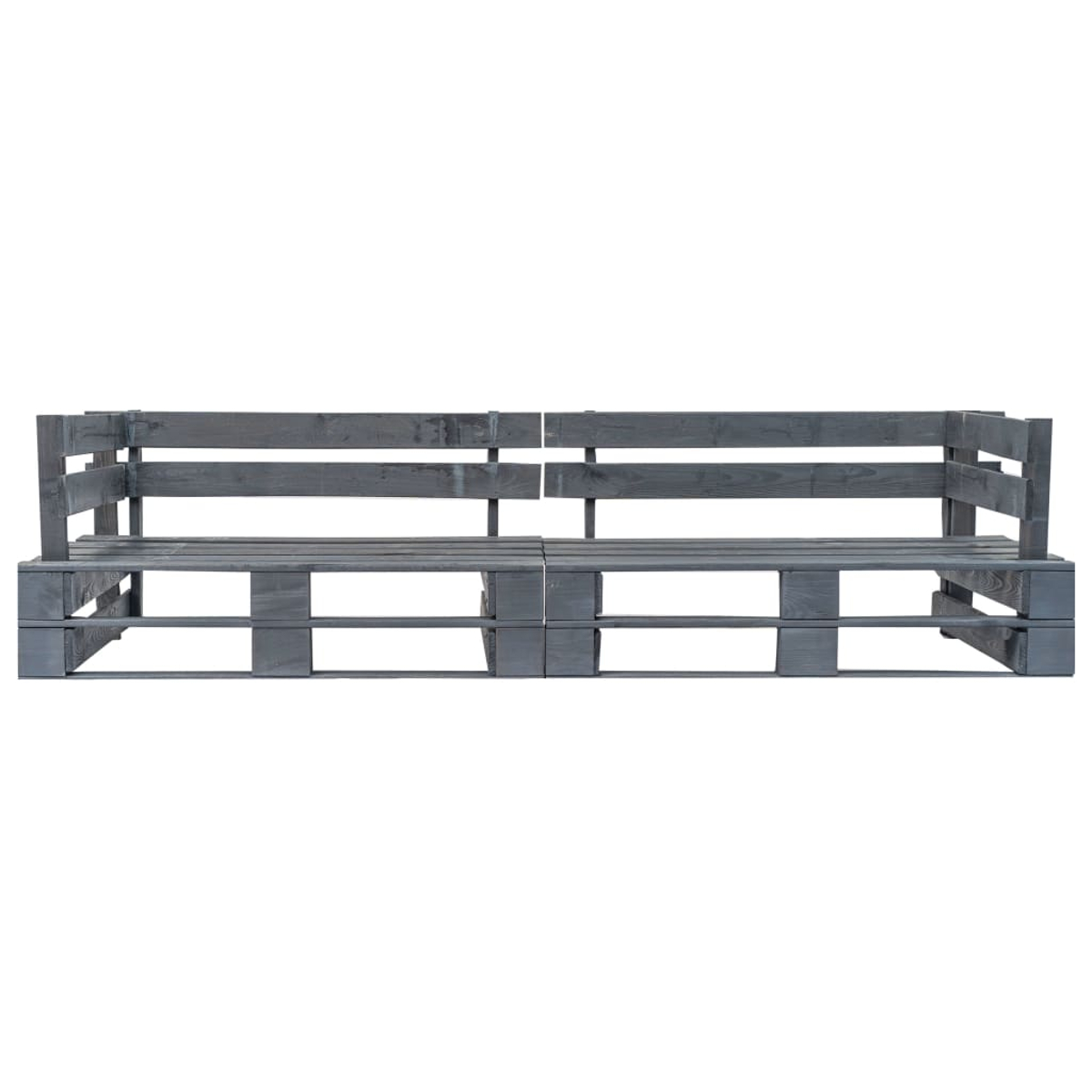Zwei graue Holzpaletten-Sofas nebeneinander.