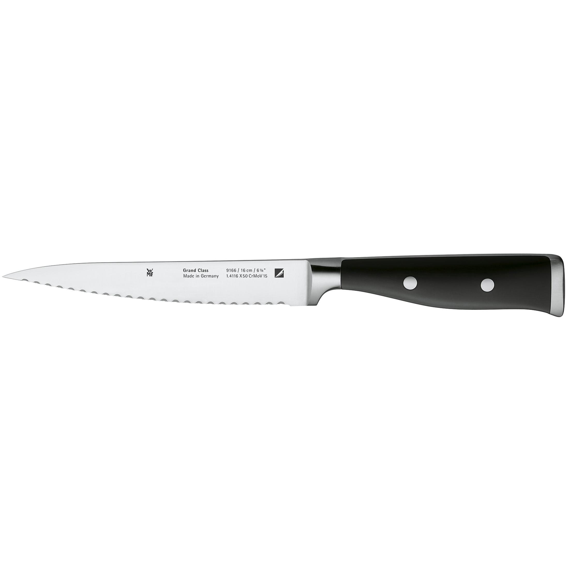 Ein Küchenmesser mit gezahntem Rand und schwarzem Griff. Das Messer ist silberfarben mit schwarzem Griff.