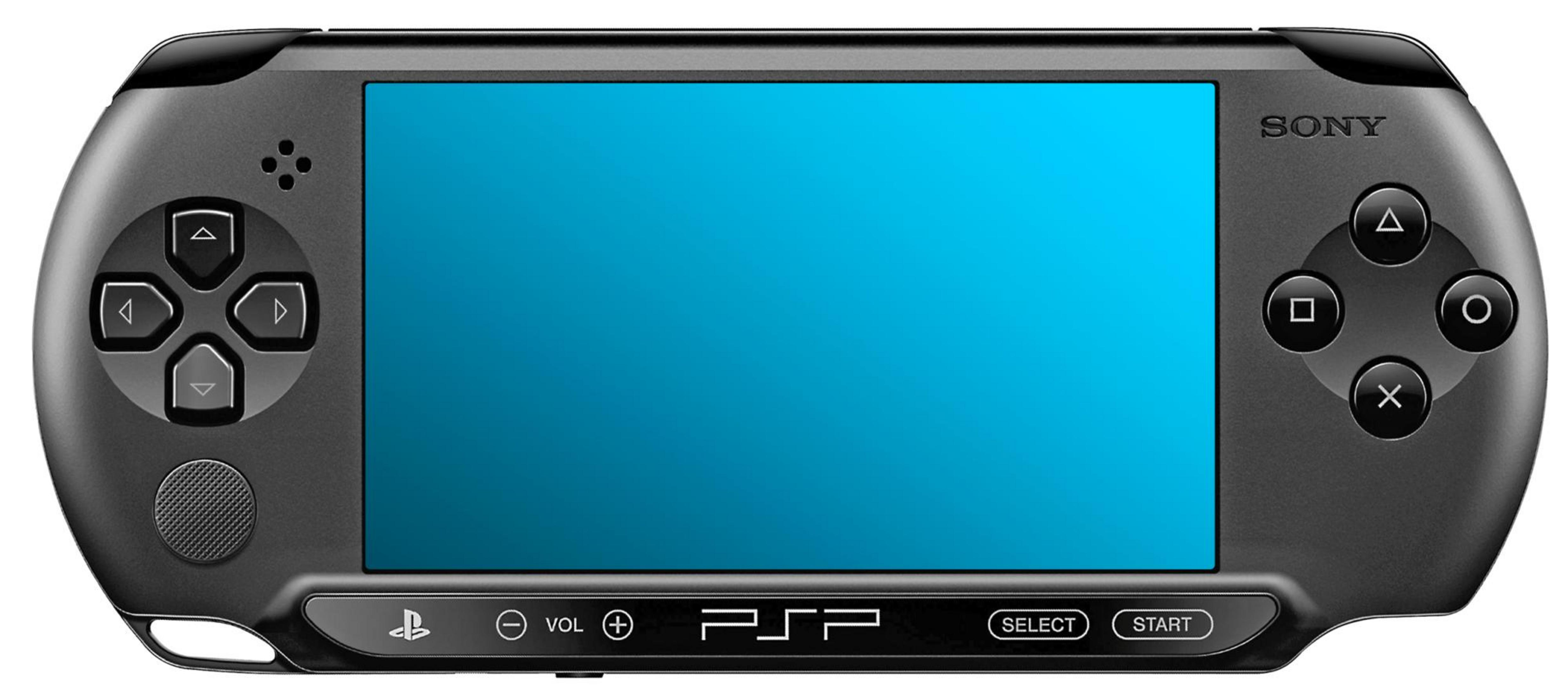 Schwarze Sony PSP-Konsole mit blauem Bildschirm und Steuertasten.
