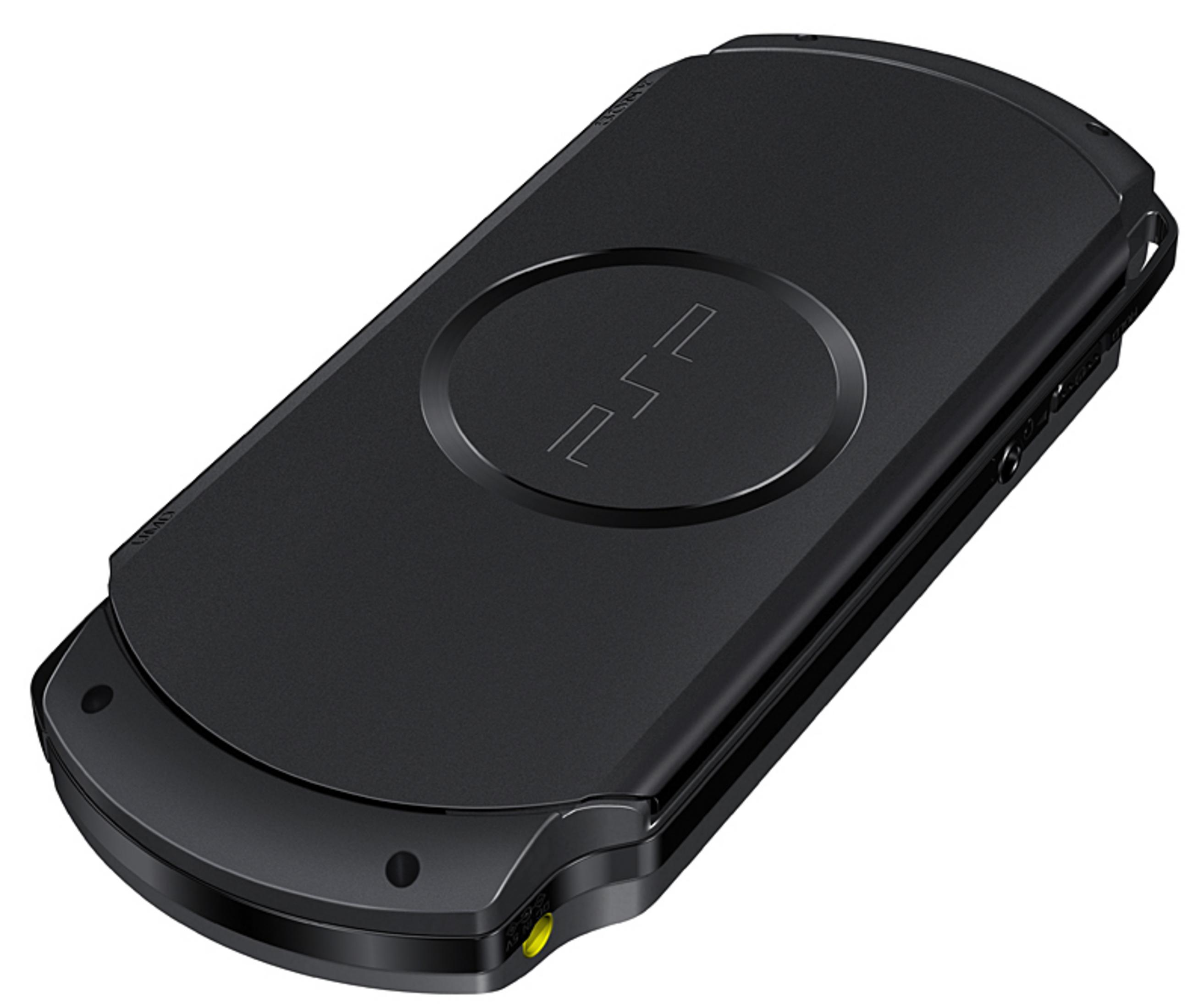 Schwarze PSP-Konsole. Draufsicht mit PSP-Logo in der Mitte.