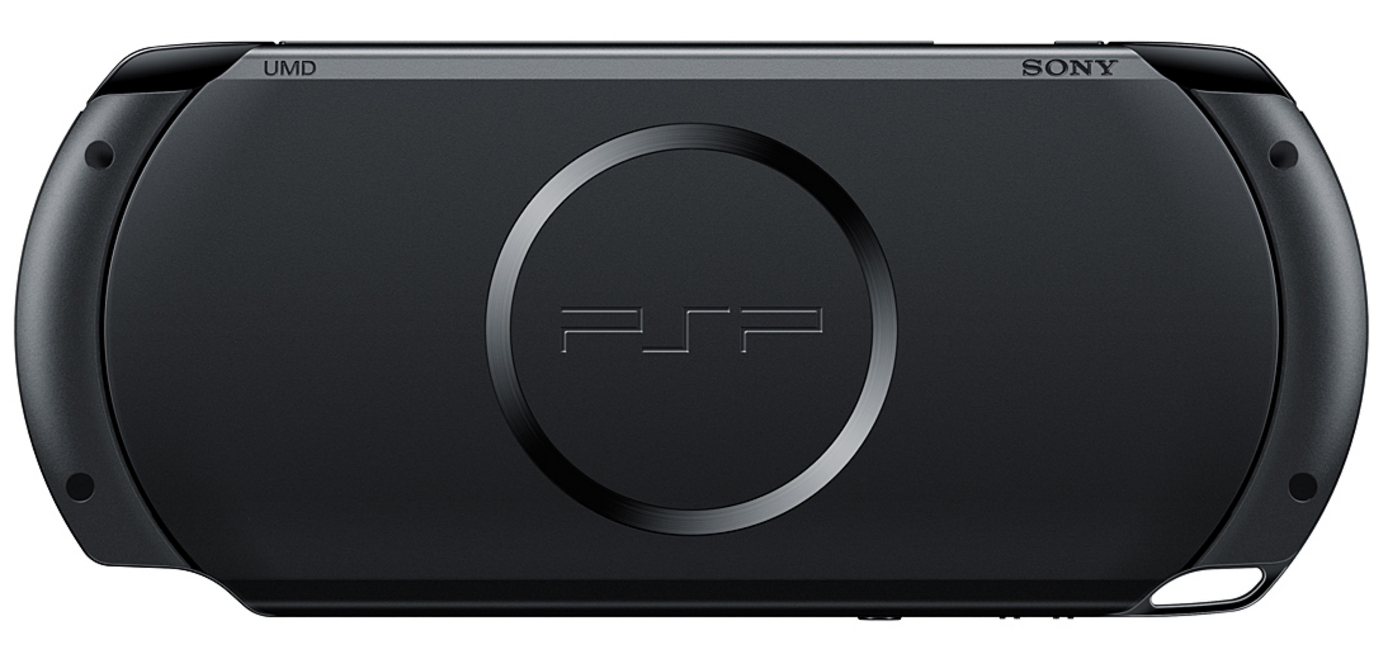 Schwarze PSP-Konsole, Draufsicht. Zeigt UMD-Etikett und Sony-Branding.