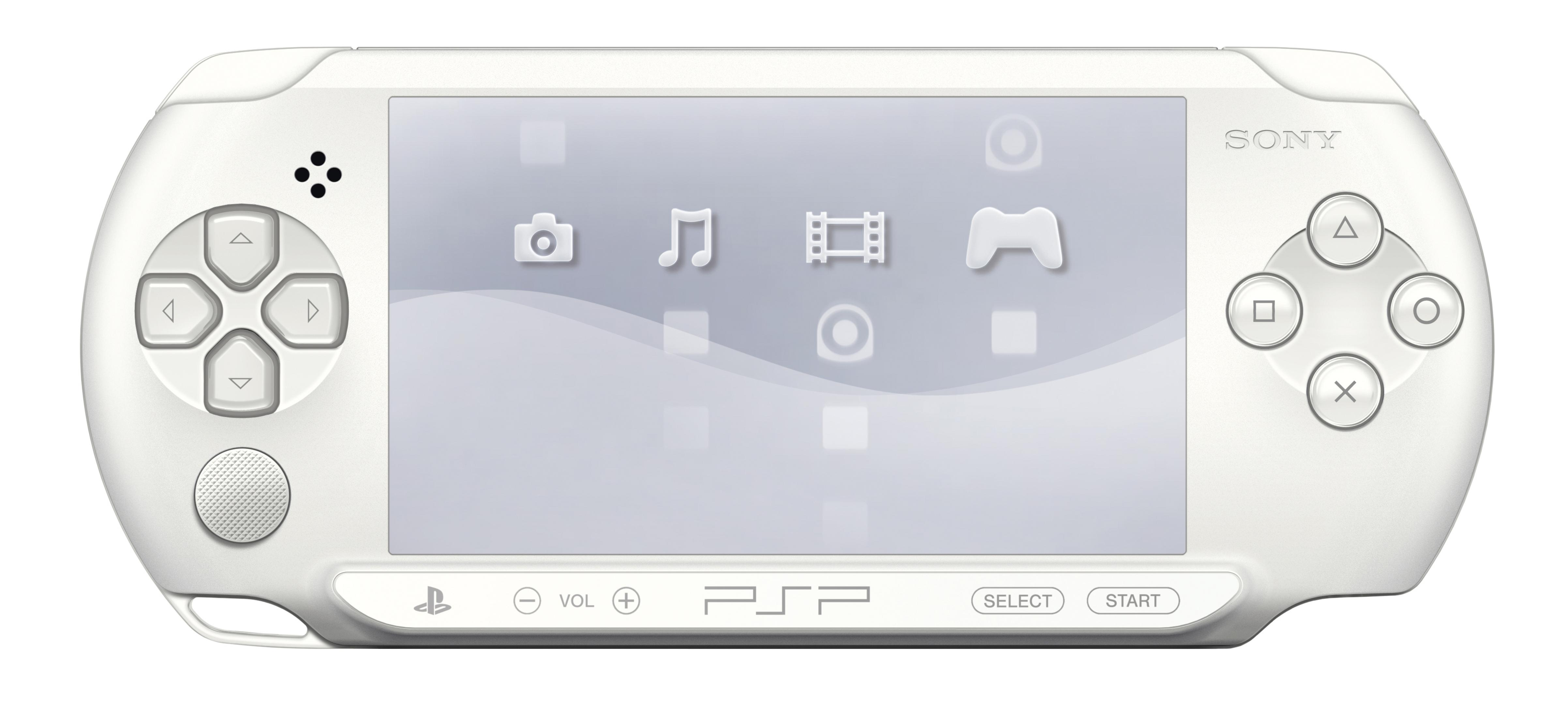 Weiße PSP-Handheld-Konsole mit Frontbildschirm, der Symbole vor weißem Hintergrund zeigt.