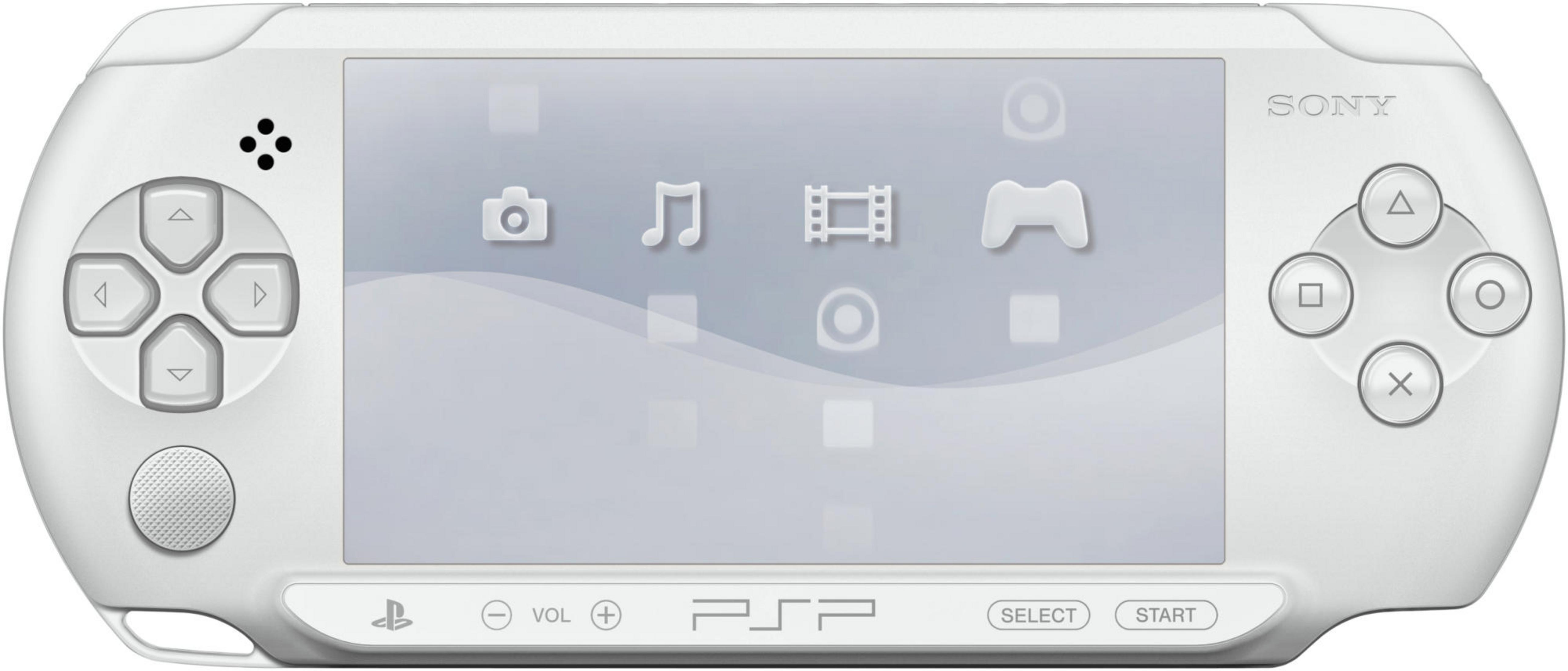 Weiße PSP-Konsole, Vorderansicht. Zeigt Knöpfe, Bildschirm und Sony-Branding.