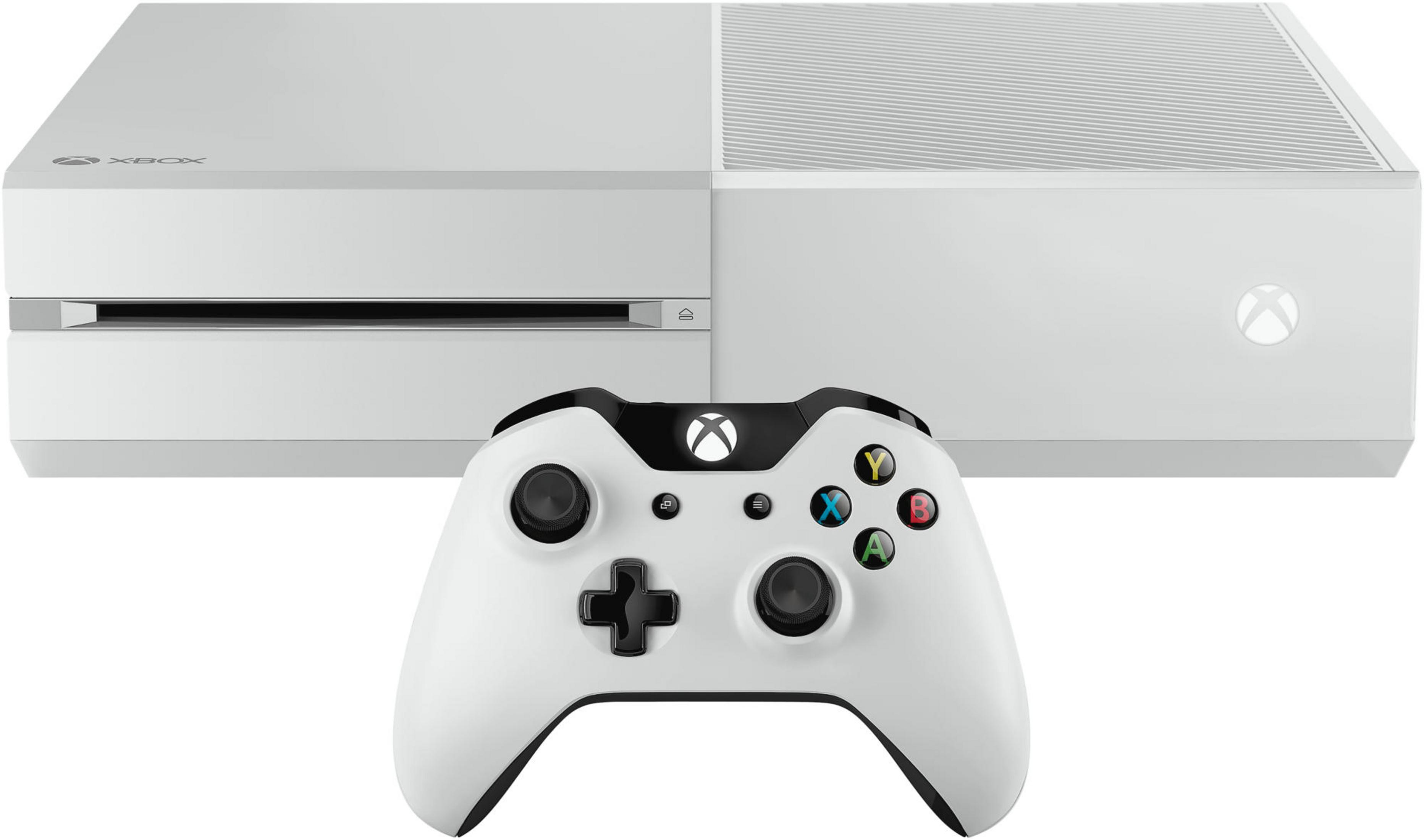 Eine weiße Xbox One Konsole und ein Controller. Die Konsole hat einen Festplattenlaufwerksschlitz.