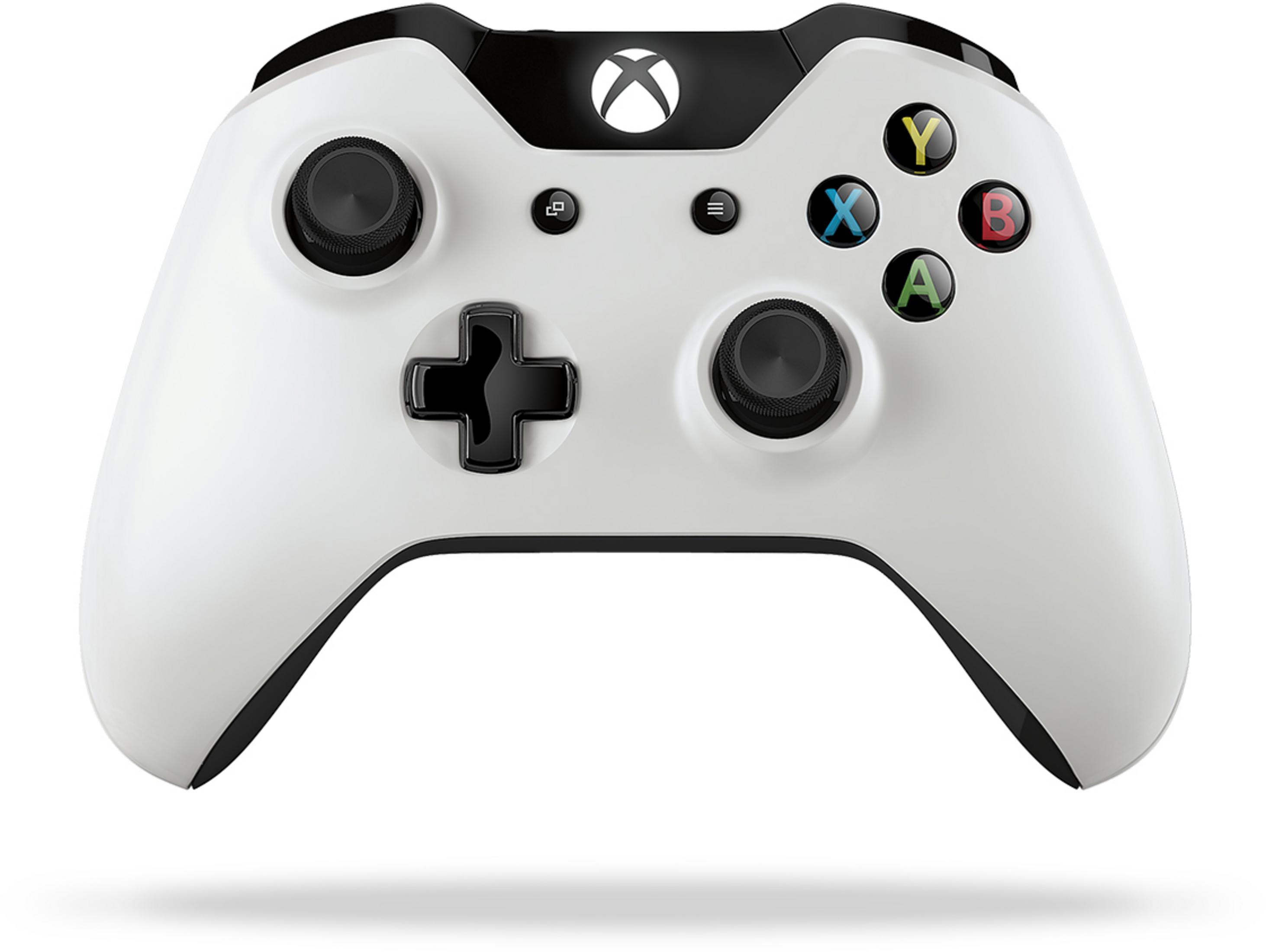 Ein weißer Xbox-Controller mit schwarzen Akzenten und farbigen Knöpfen. Das Xbox-Logo ist sichtbar.