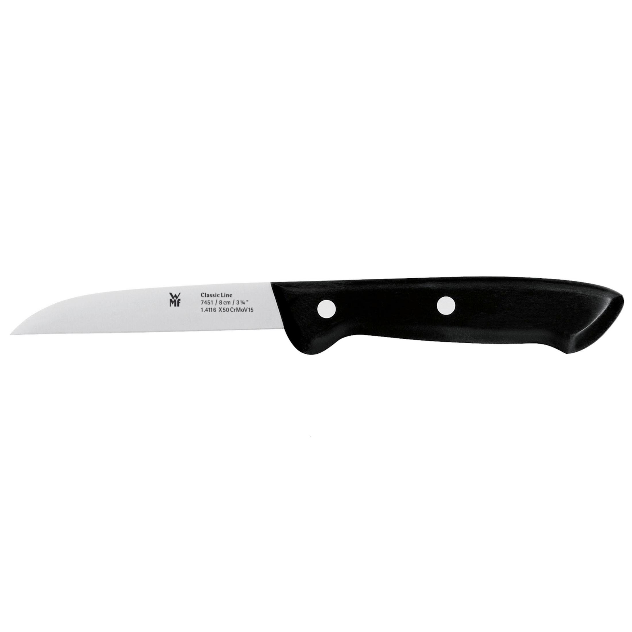 Ein einzelnes Messer mit schwarzem Griff und silberner Klinge. Die Klinge trägt den Markennamen.