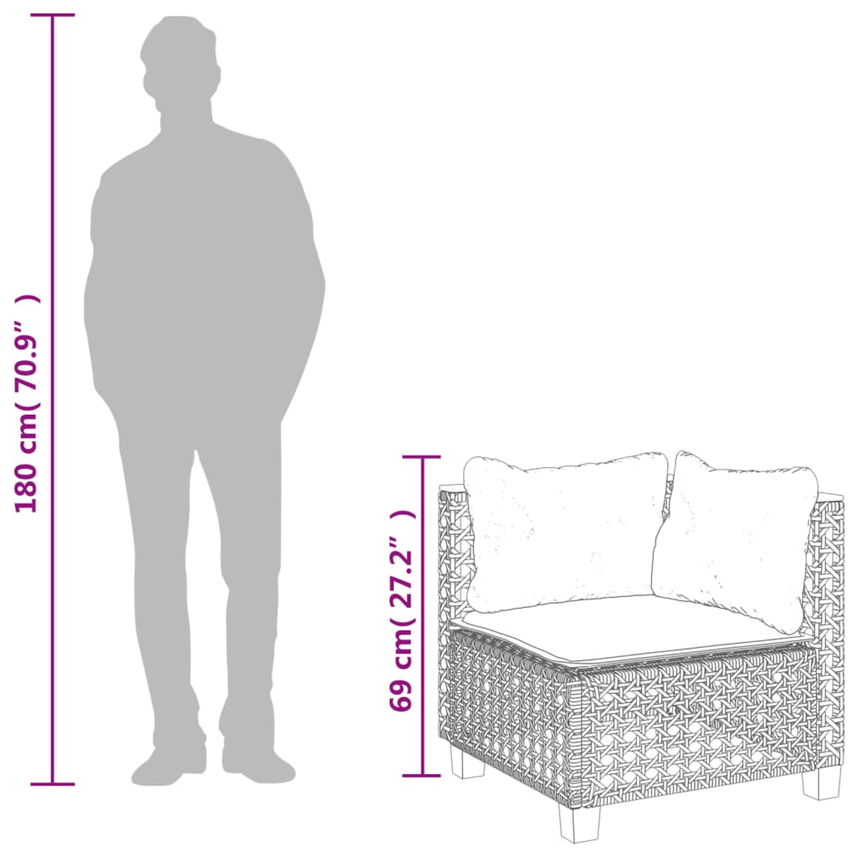 Una persona accanto a una sedia in rattan, dimensioni indicate. La sedia ha cuscini.