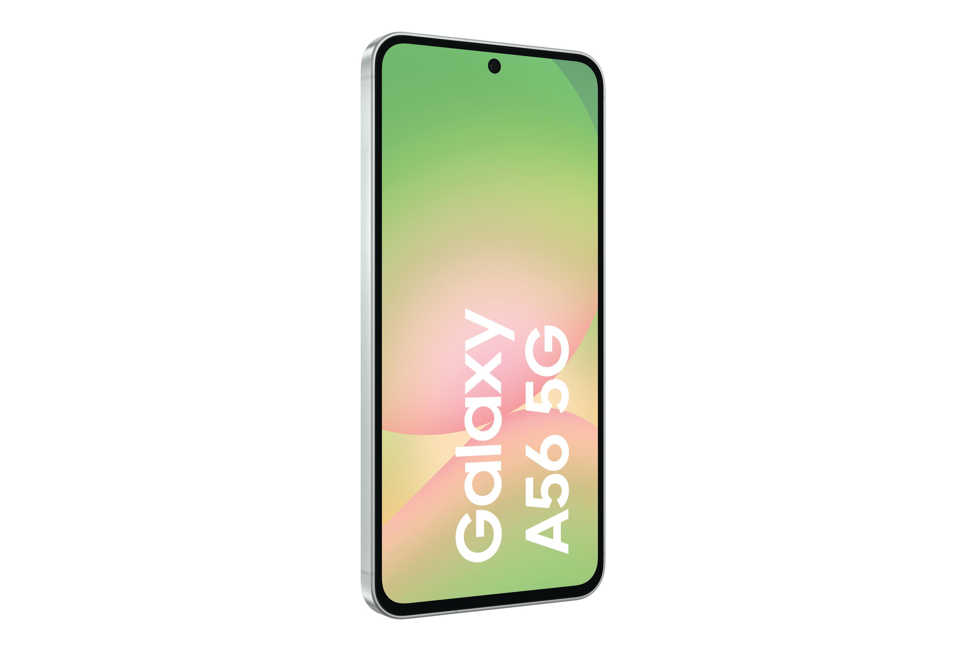 Smartfon Samsung Galaxy A56 5G, zielony gradientowy wyświetlacz, białe tło.
