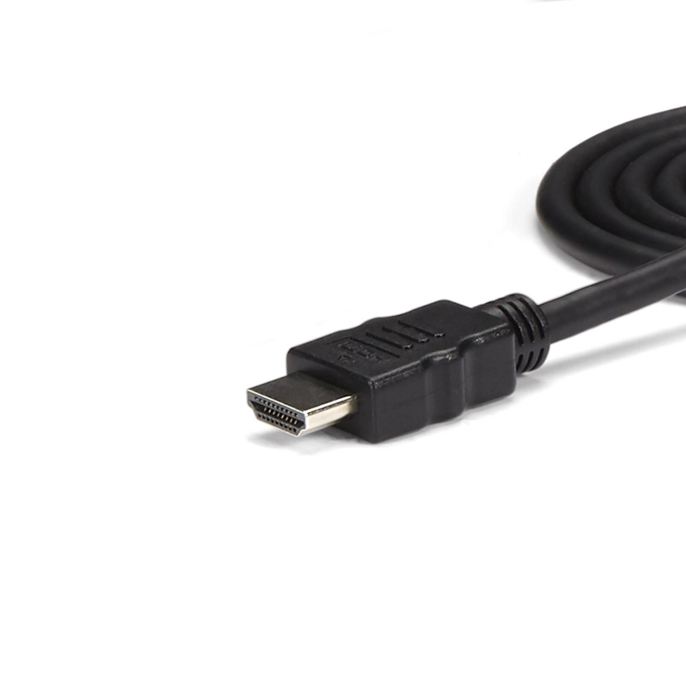 Un cable HDMI negro con su conector visible, contra un fondo blanco.