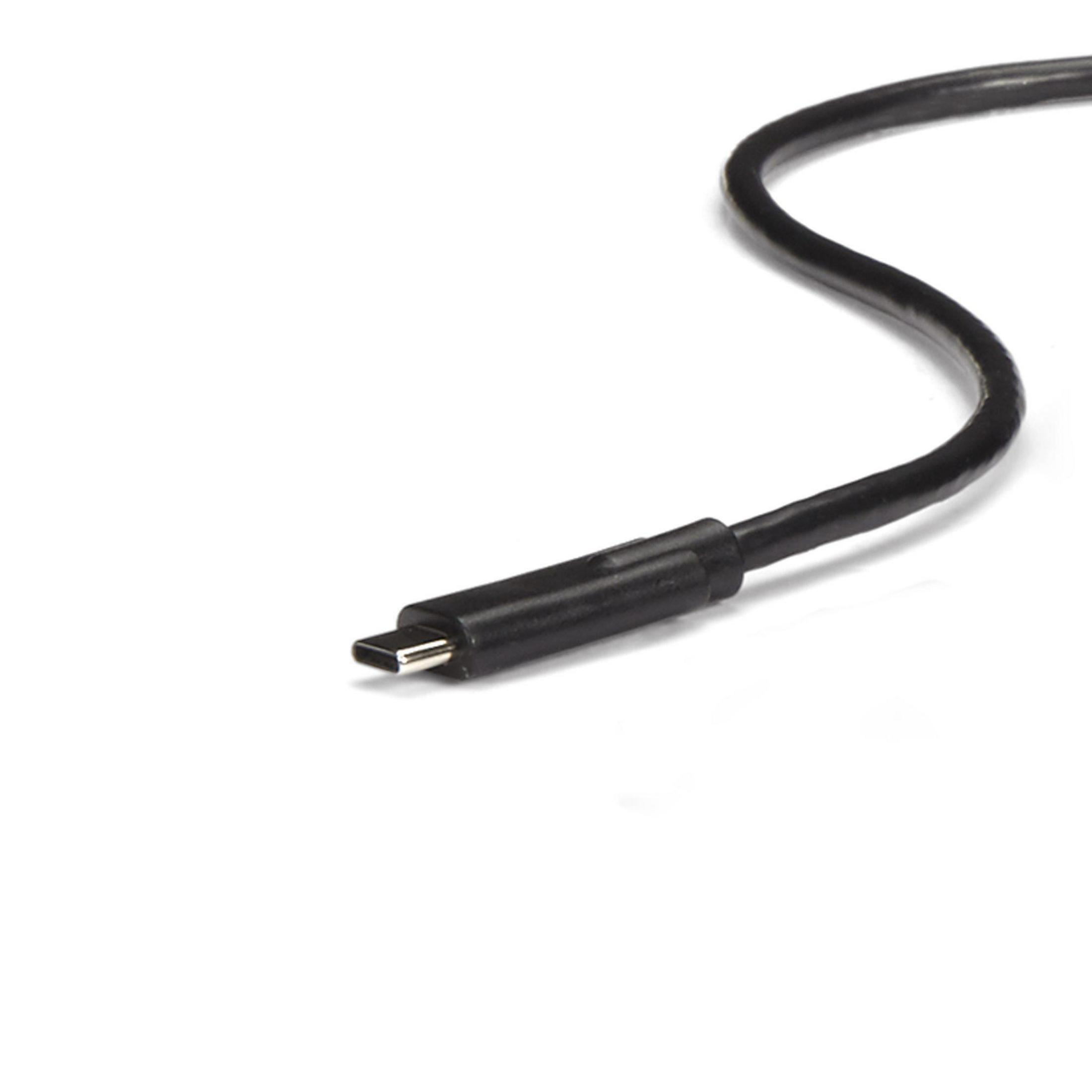Cable USB-C negro con conector USB-C en el extremo, aislado sobre blanco.