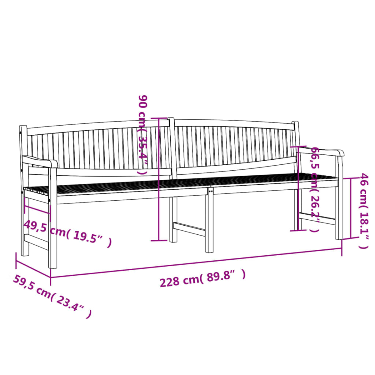 Holzbank mit beschrifteten Abmessungen, mit Lattenrücken und Sitz.