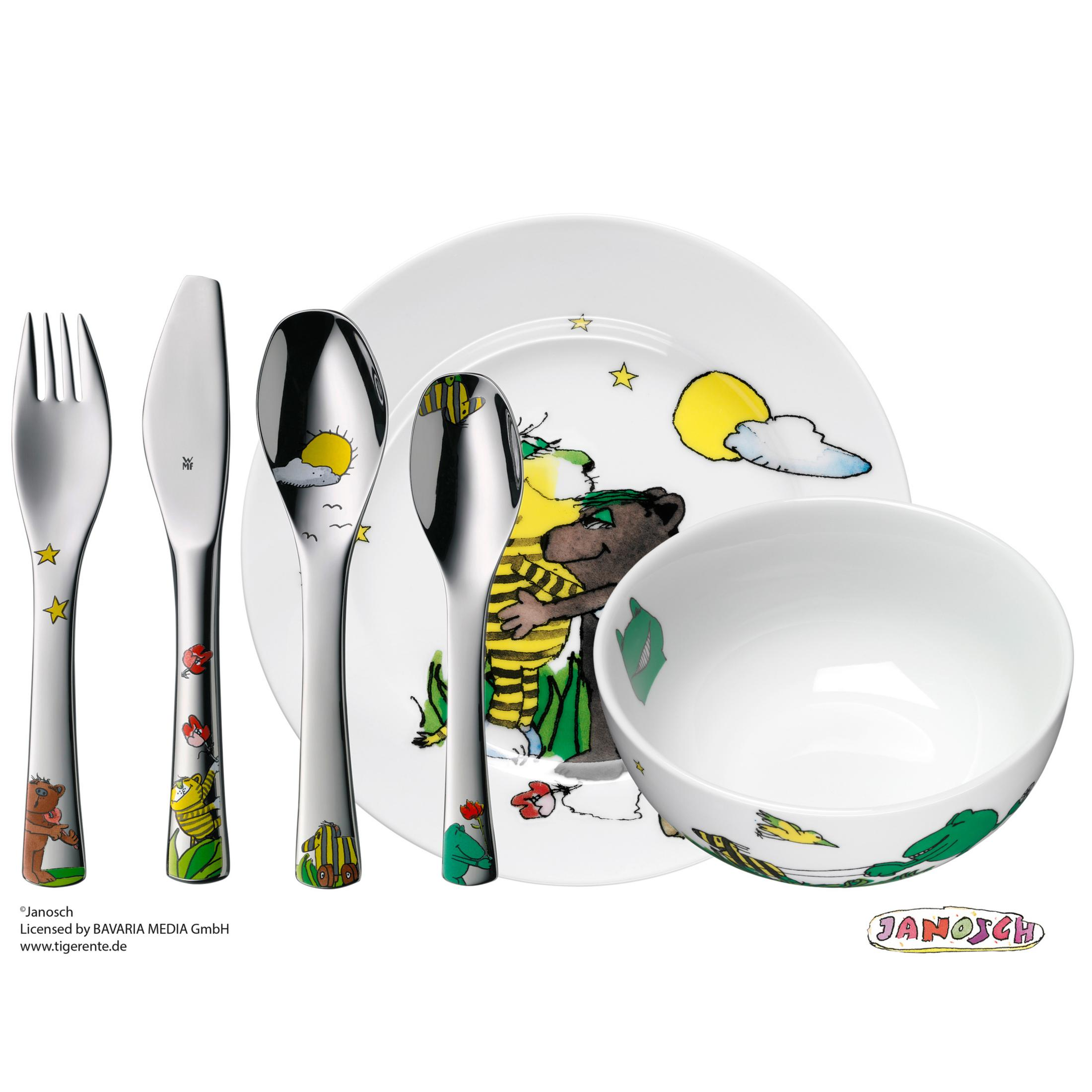Ein Set aus Kindertellern, Schüsseln und Besteck mit Tier- und Sonnenillustrationen.