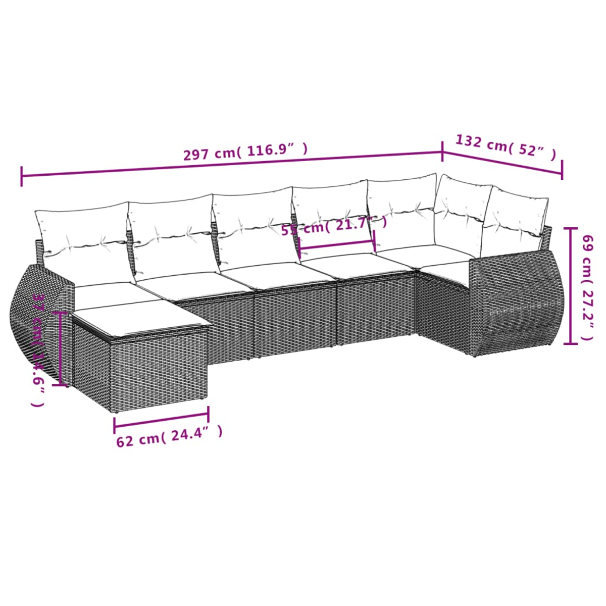 Rattansofa mit weißen Kissen und Maßangaben auf weißem Hintergrund.