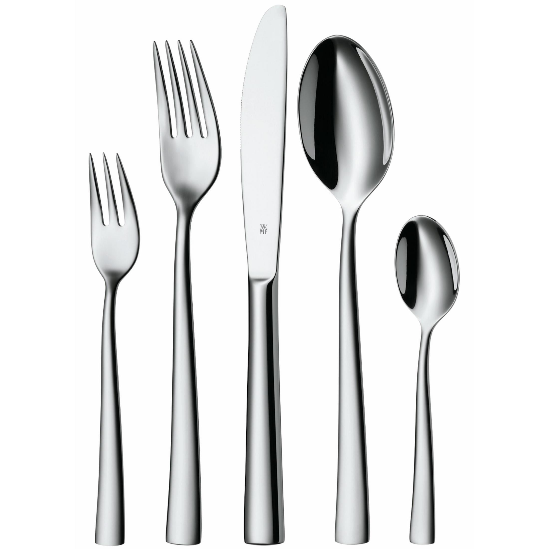 Set silberner Besteckteile: Gabeln, Messer, Löffel und Teelöffel, auf weißem Grund.