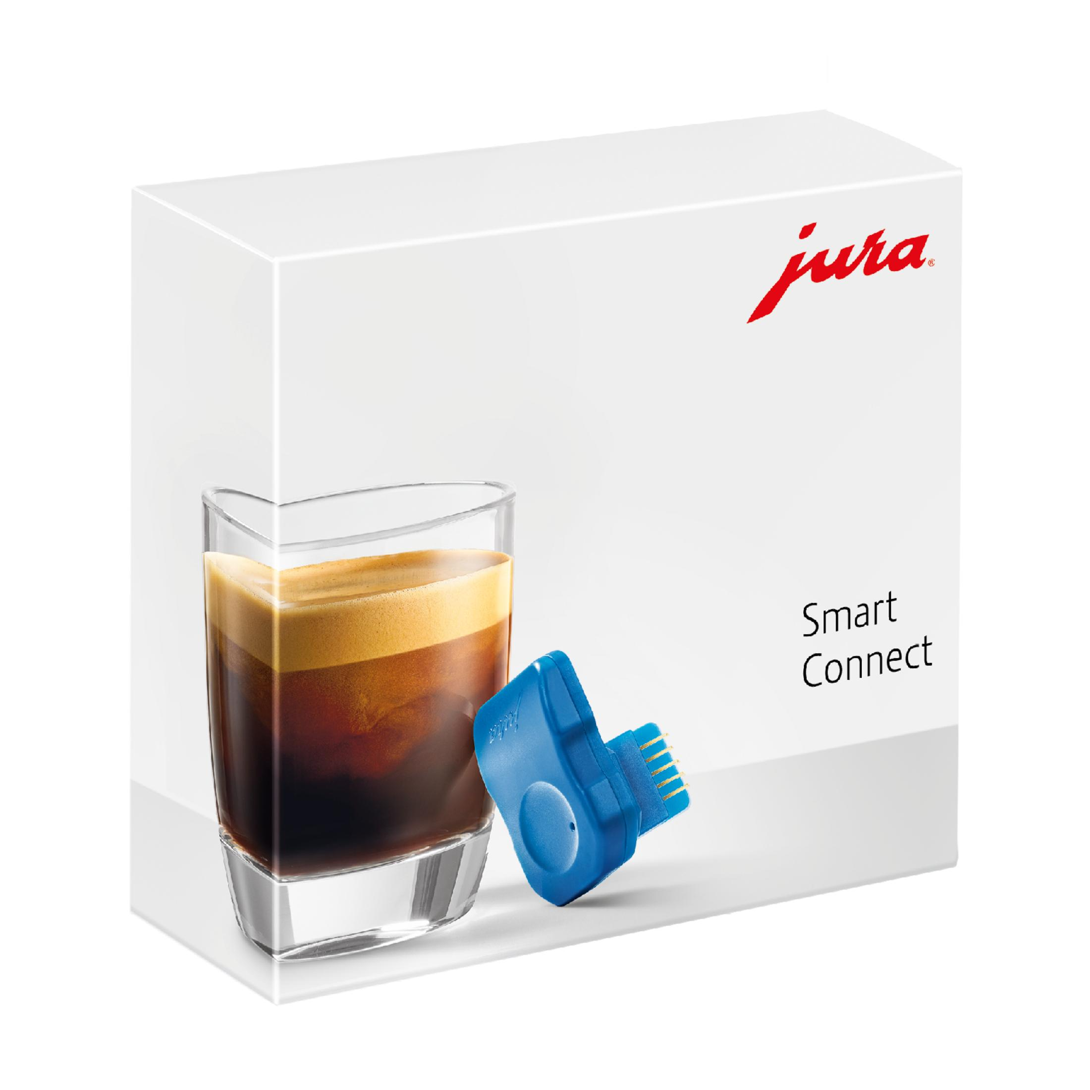 Eine weiße Schachtel mit Kaffee und einem blauen Gerät, mit dem Text Smart Connect.