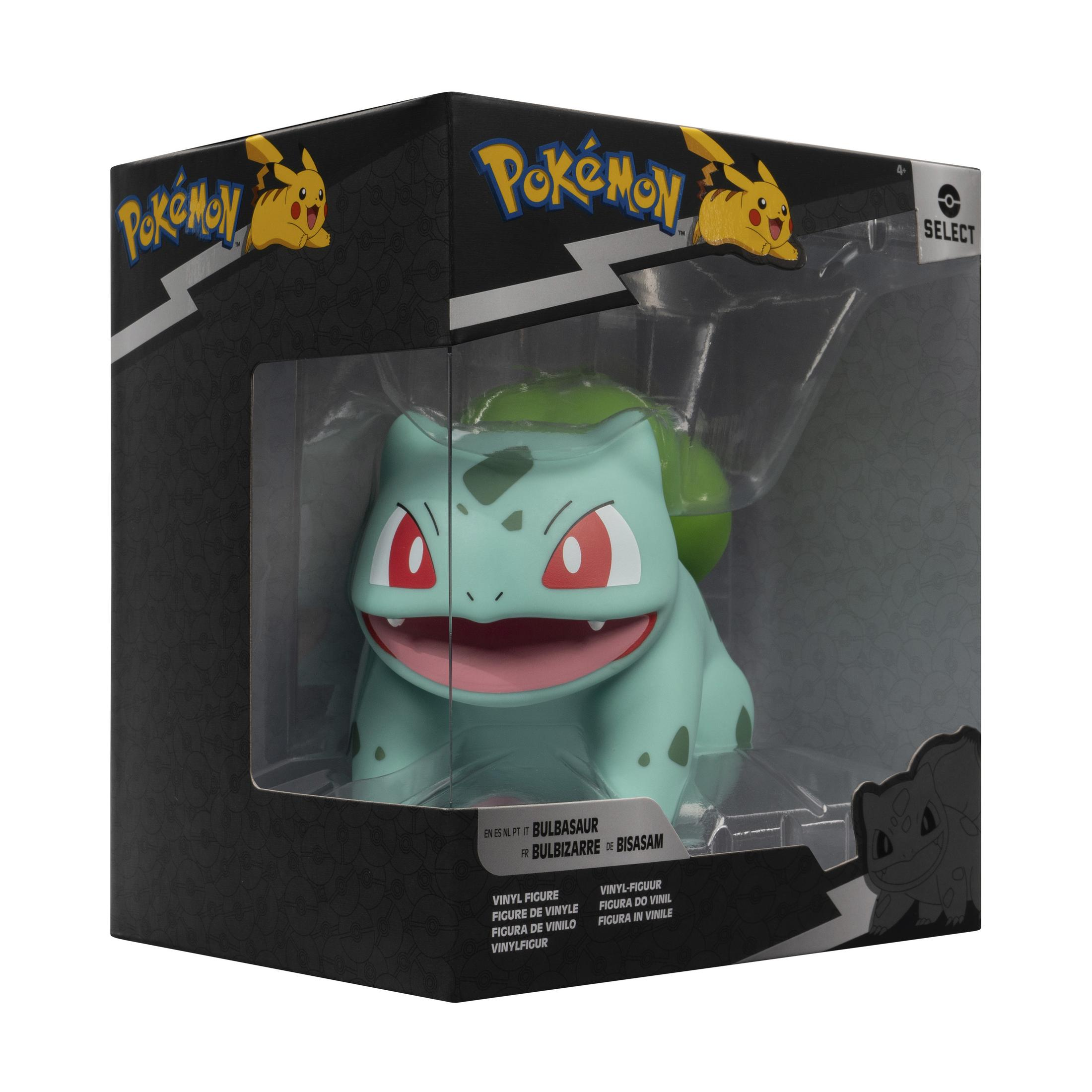 Eine Pokemon Bulbasaur Figur in ihrer Box, mit dem Pokemon-Logo und dem Wort SELECT auf der Box.