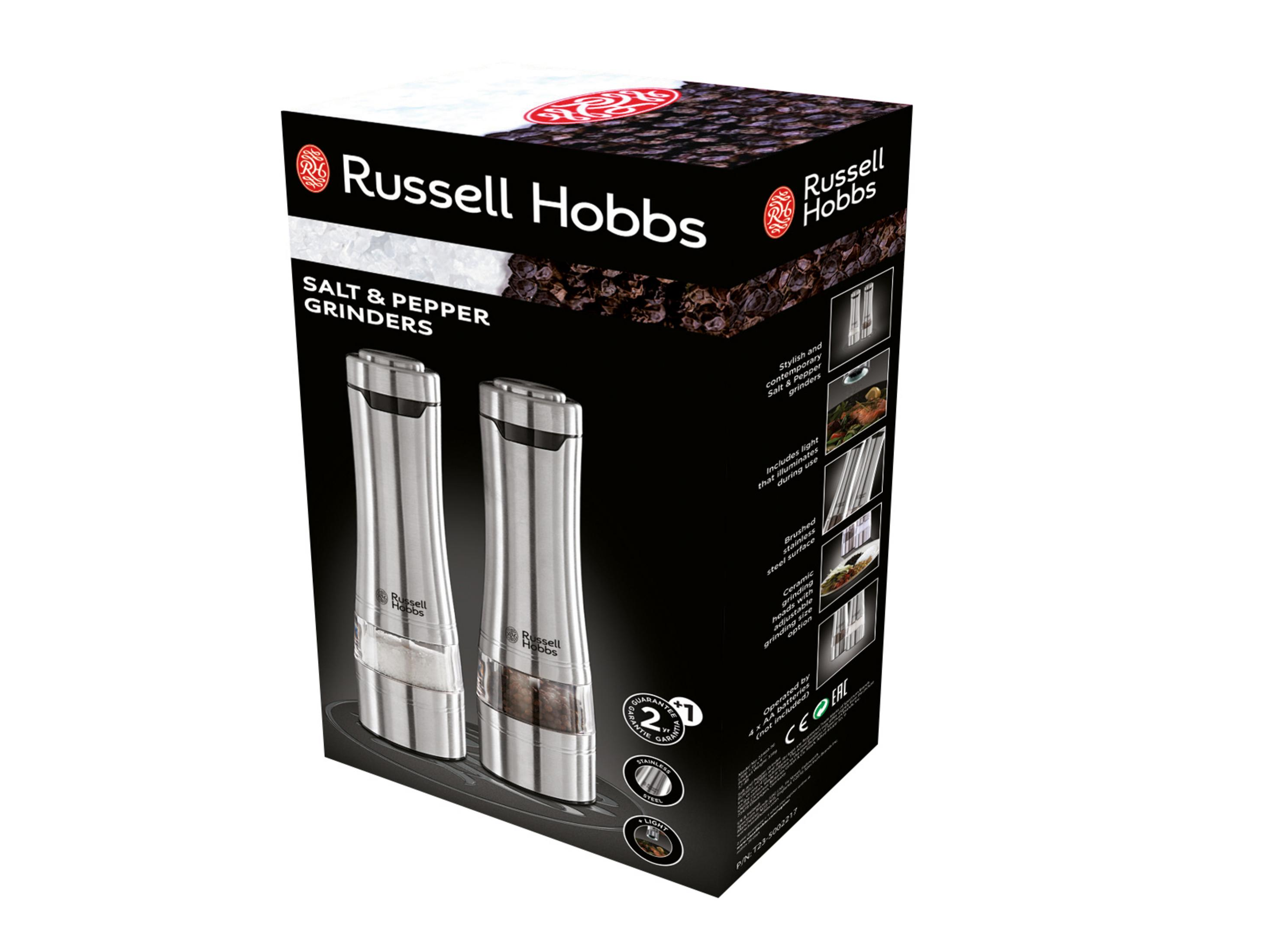 Caja de molinillos de sal y pimienta Russell Hobbs. Molinillos plateados mostrados en la caja.