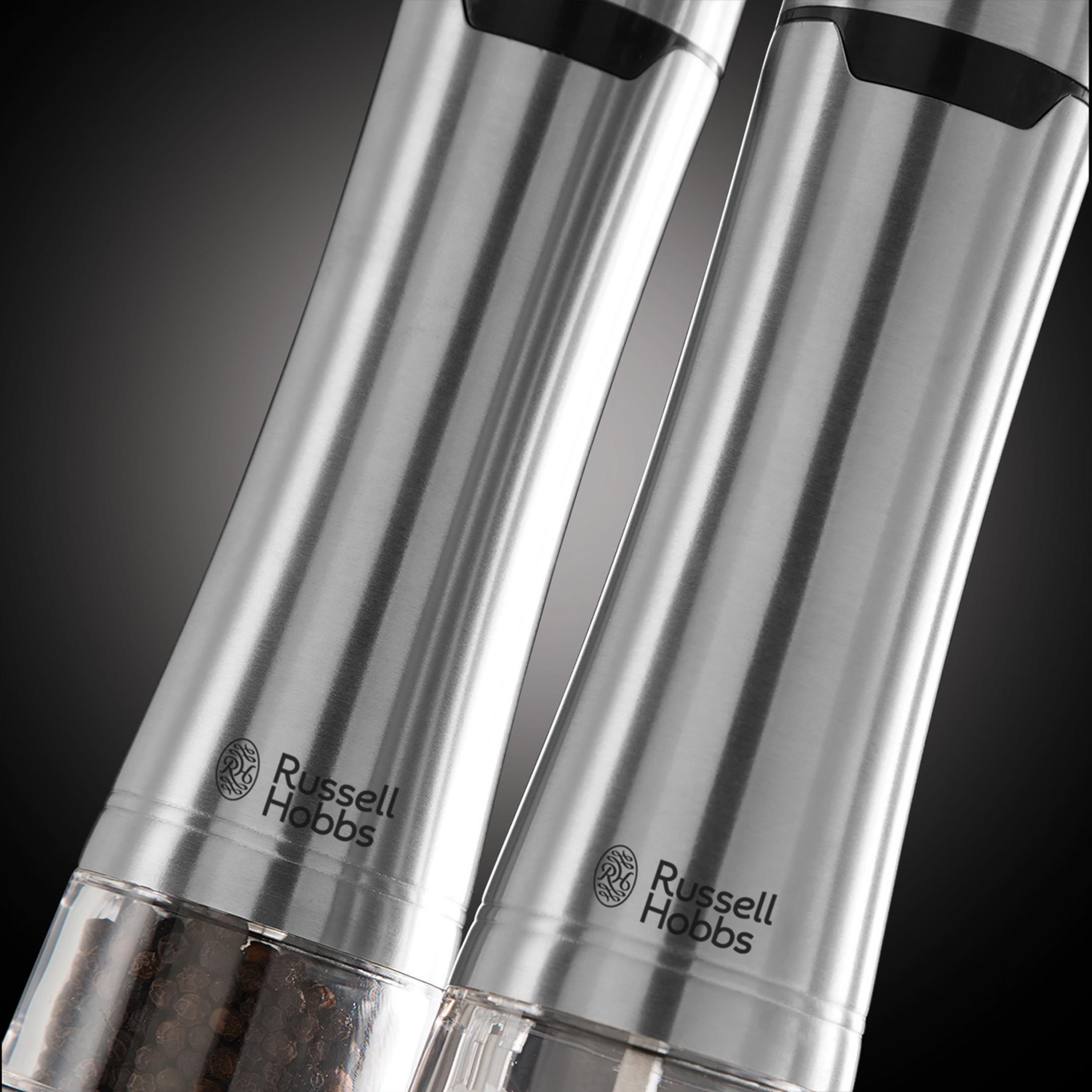Molinillos de sal y pimienta de acero inoxidable. Logotipo de Russell Hobbs.