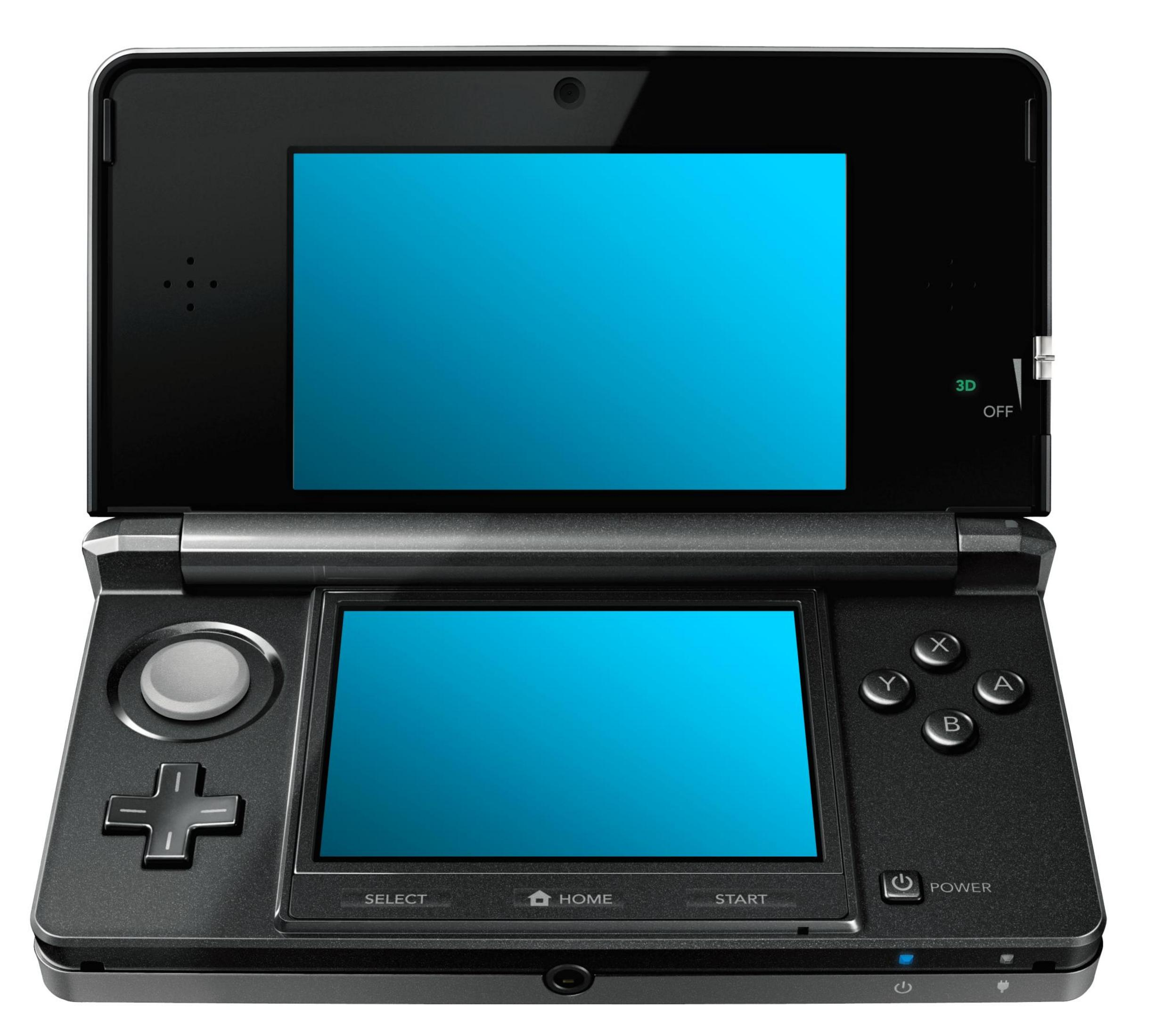 Schwarze Nintendo 3DS-Konsole, geöffnet, blaue Bildschirme. Tasten und Bedienfeld vorhanden.