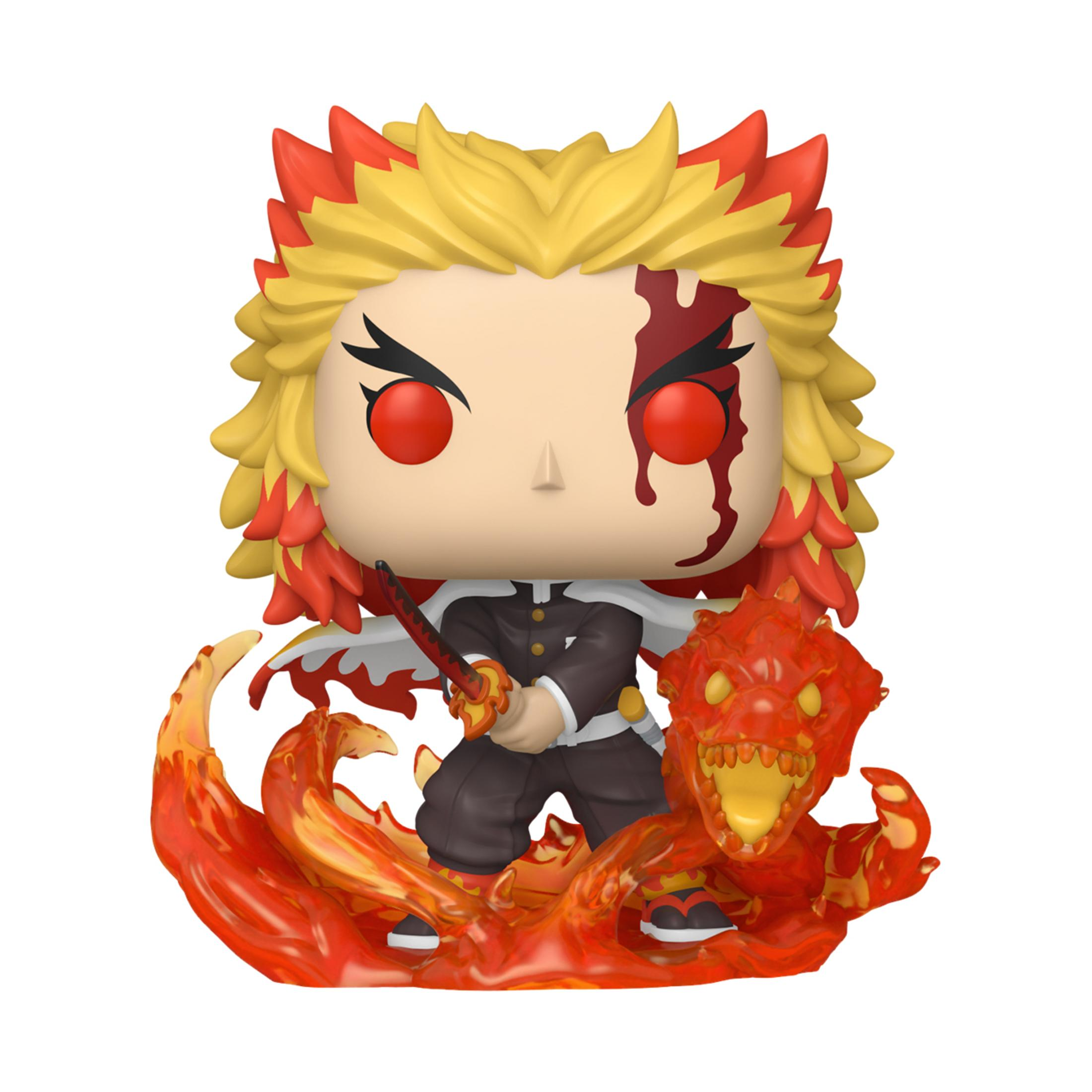 Figurka Funko Pop Kyojuro Rengoku. Trzyma miecz i stoi w ogniu. Białe tło, czerwony ślad na twarzy.