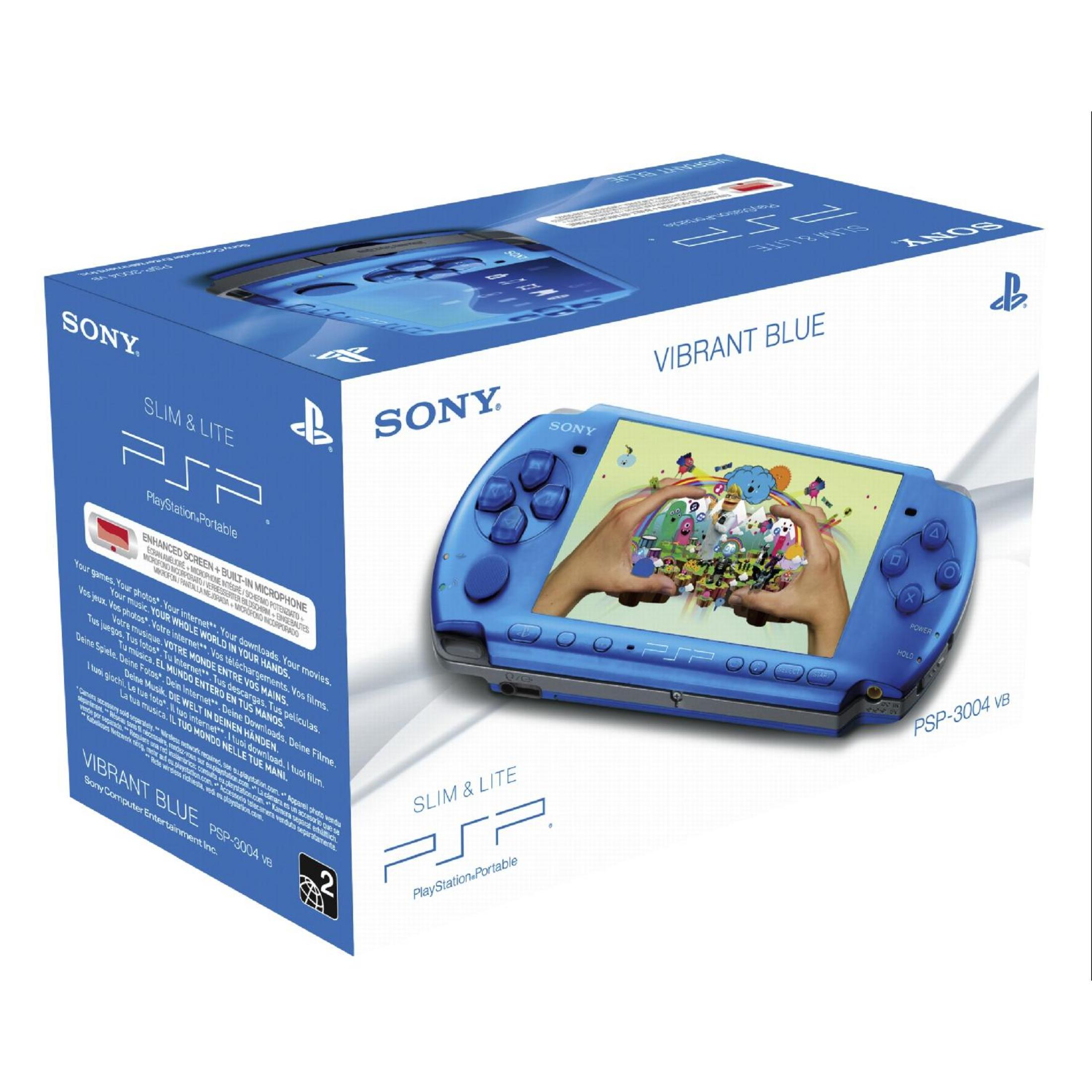 Eine blaue PSP Slim & Lite Konsole in ihrer Box. Der Bildschirm zeigt einen Cartoon, blaue Knöpfe und Design.