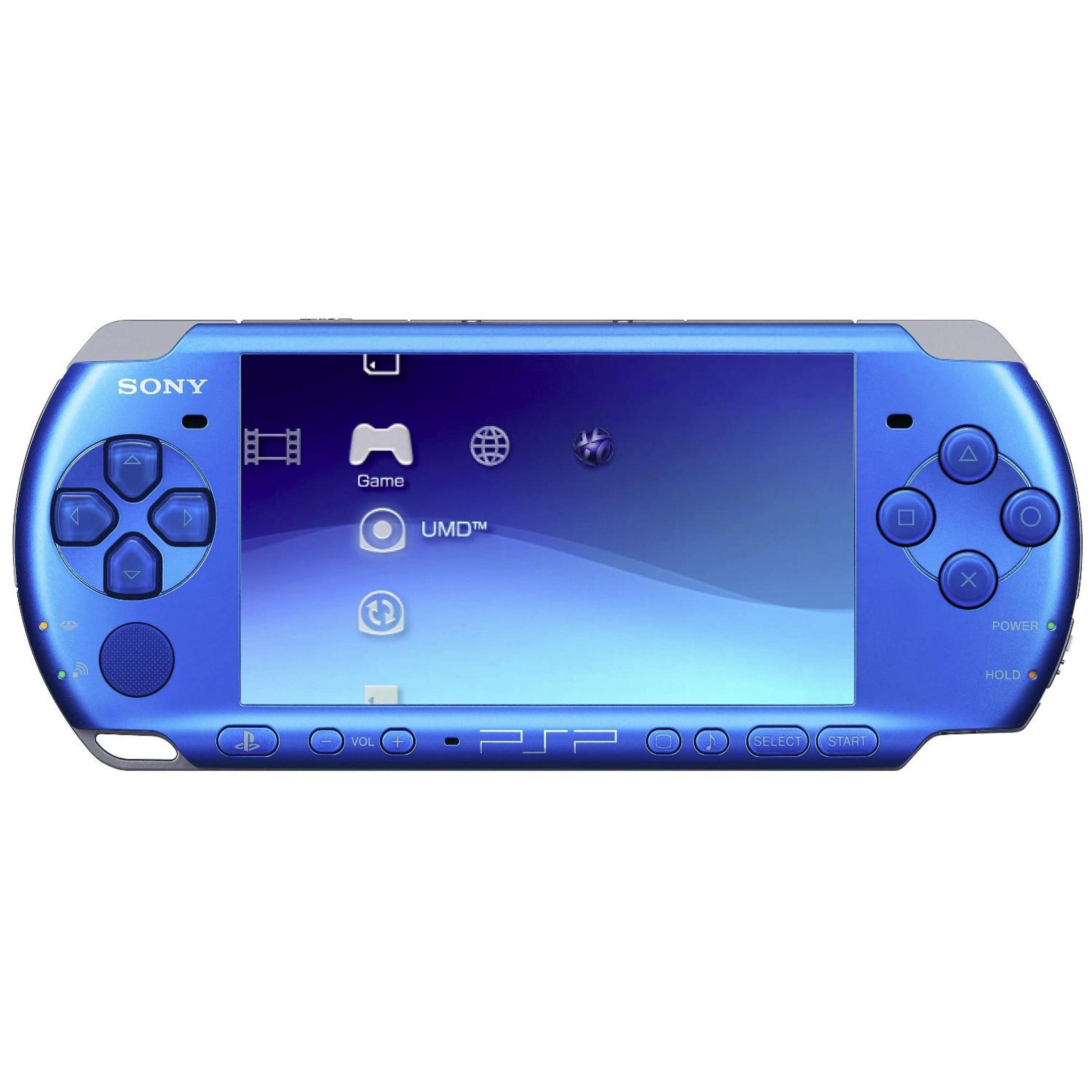 Blaue PSP-Konsole, die das Spielmenü anzeigt. Bedienelemente und Bildschirm sind sichtbar.