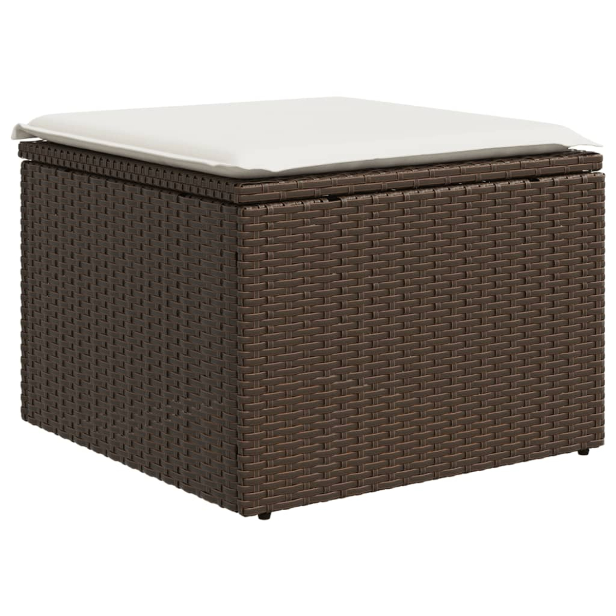 Un pouf contenitore intrecciato marrone con un piano imbottito bianco, isolato su sfondo bianco.