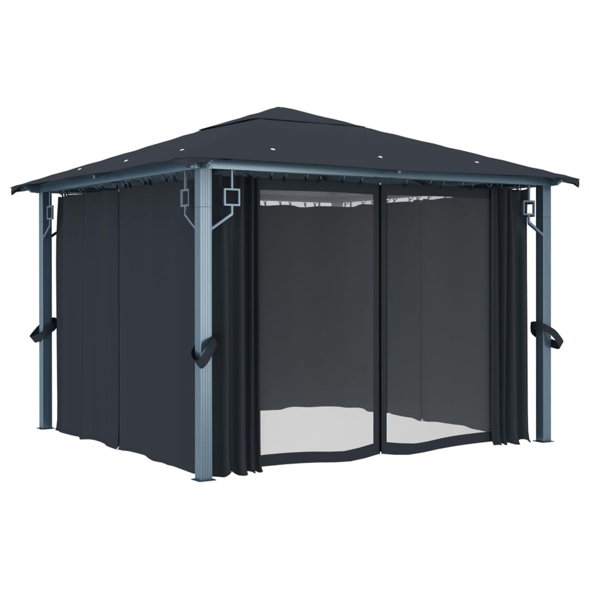 Ein schwarzer Pavillon mit Vorhängen und einem festen Dach, der Schatten spendet.