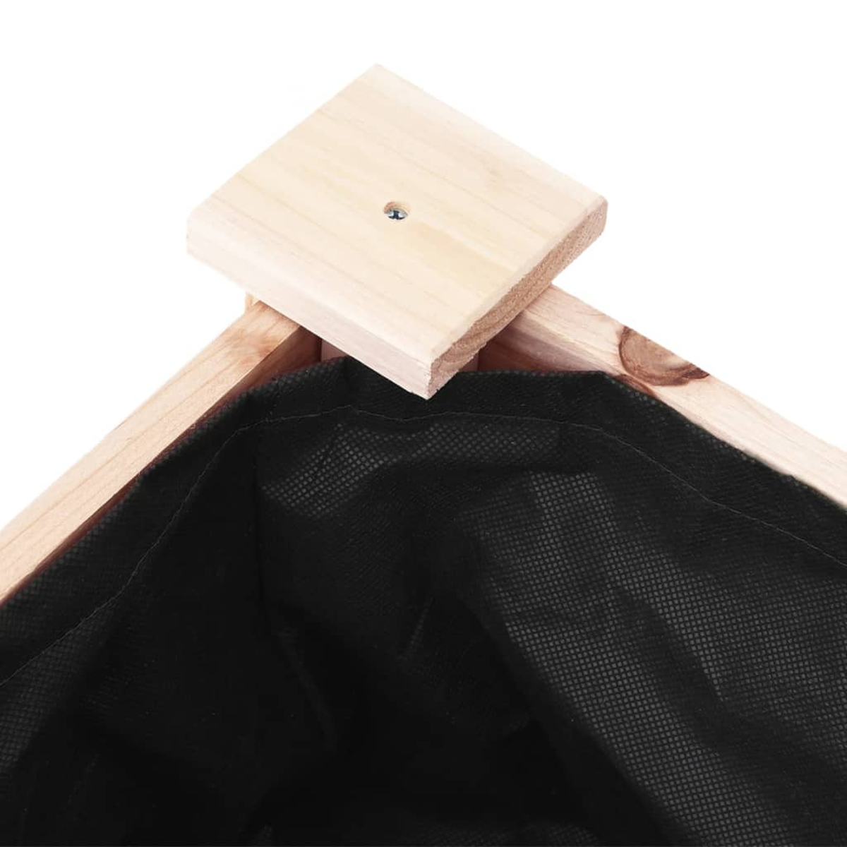 Pflanzkasten aus Holz mit schwarzem Stofffutter. Ein quadratisches Holzstück befindet sich oben.