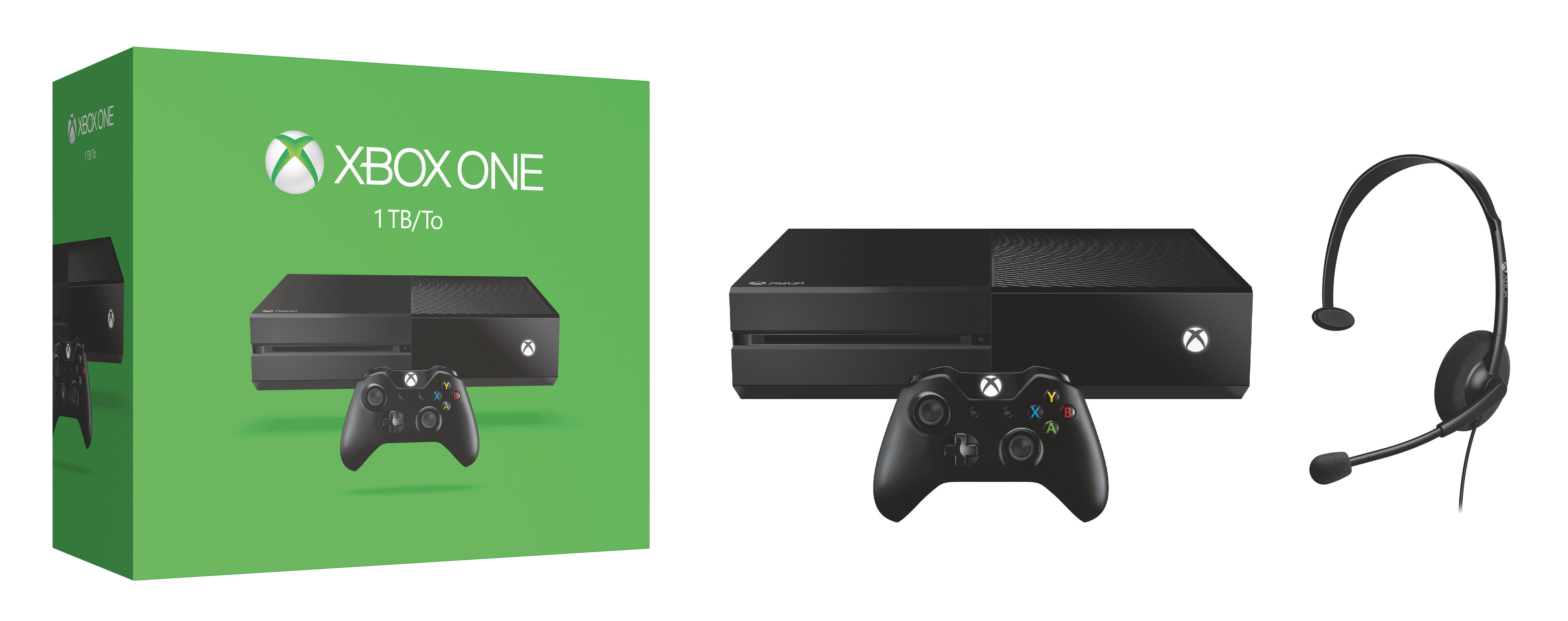 Zestaw Xbox One: konsola, kontroler, zestaw słuchawkowy i pudełko. Zielone tło. Białe logo i tekst Xbox.