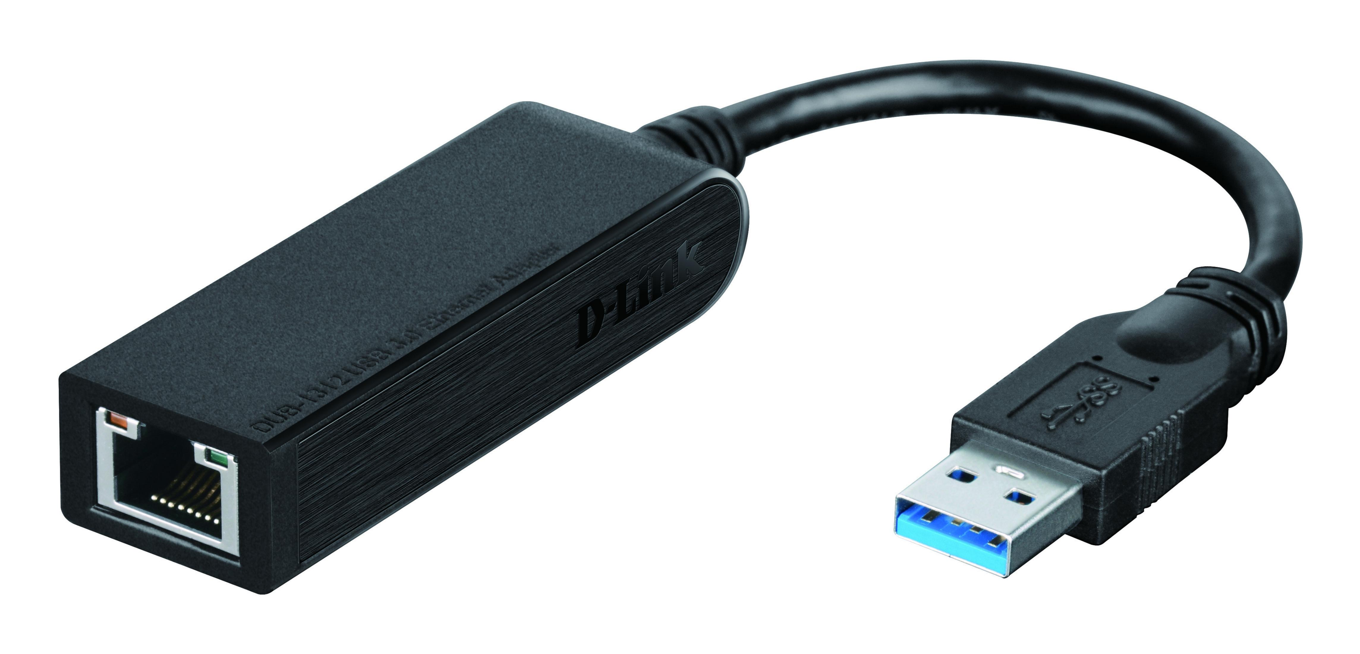 Adattatore Ethernet USB 3.0 D-Link nero. Sfondo bianco. Connettore USB blu.