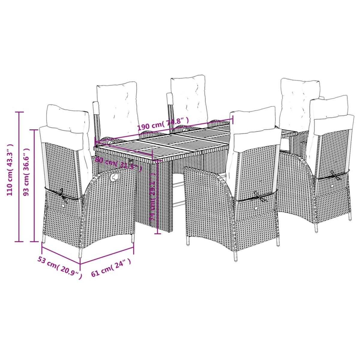 Ein Set aus Korbstühlen und einem Tisch mit Maßen in cm.
