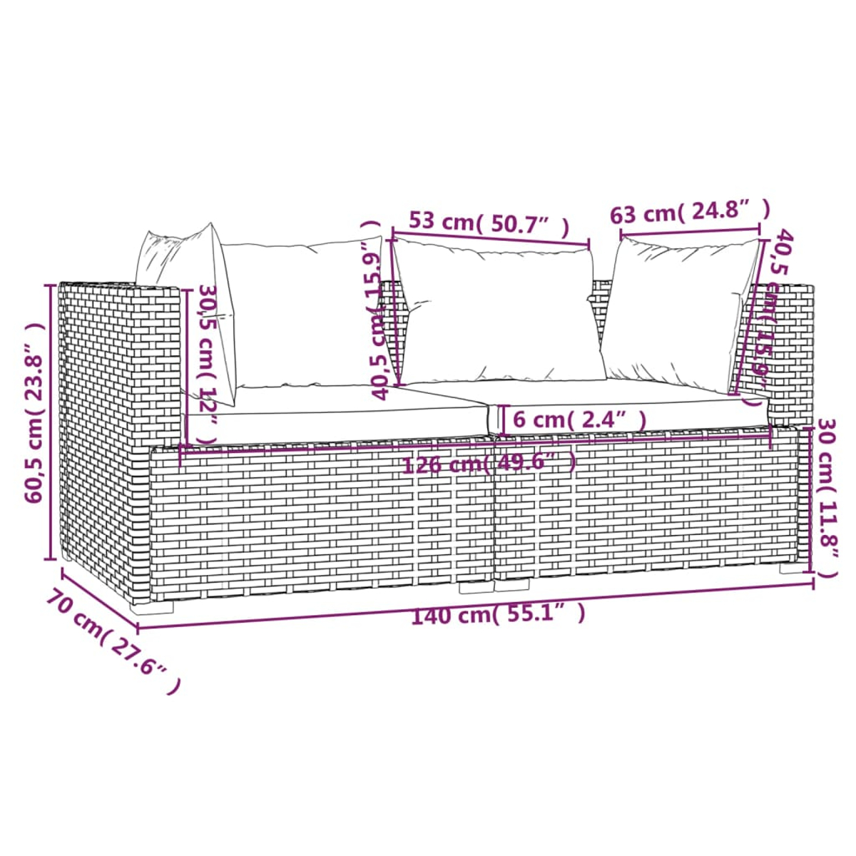 Diagramm eines grauen Korbmöbel-Ecksofas mit Abmessungen in cm und Zoll. Weißer Hintergrund.