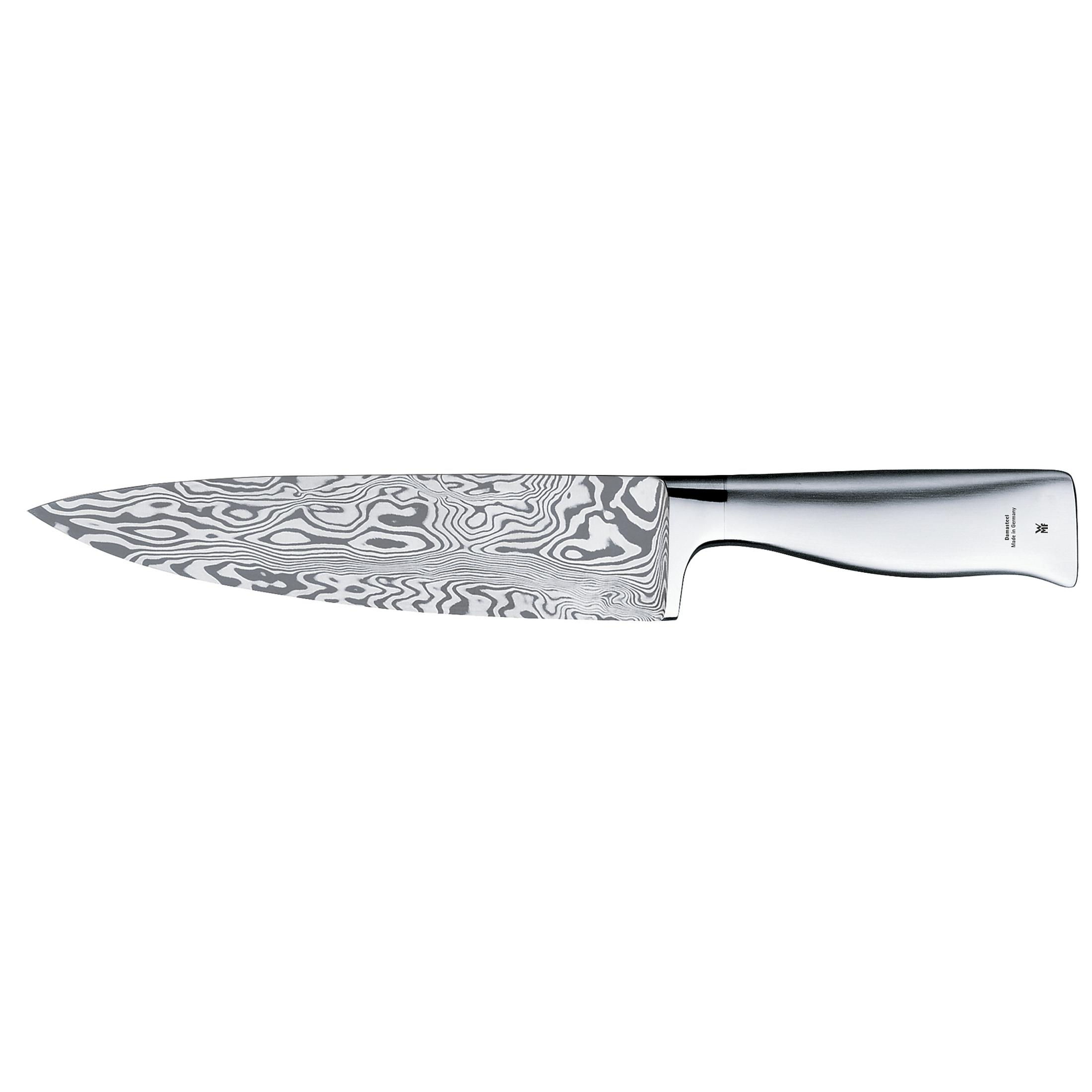 Damaststahlmesser. Silberner Griff und eine gemusterte Klinge.